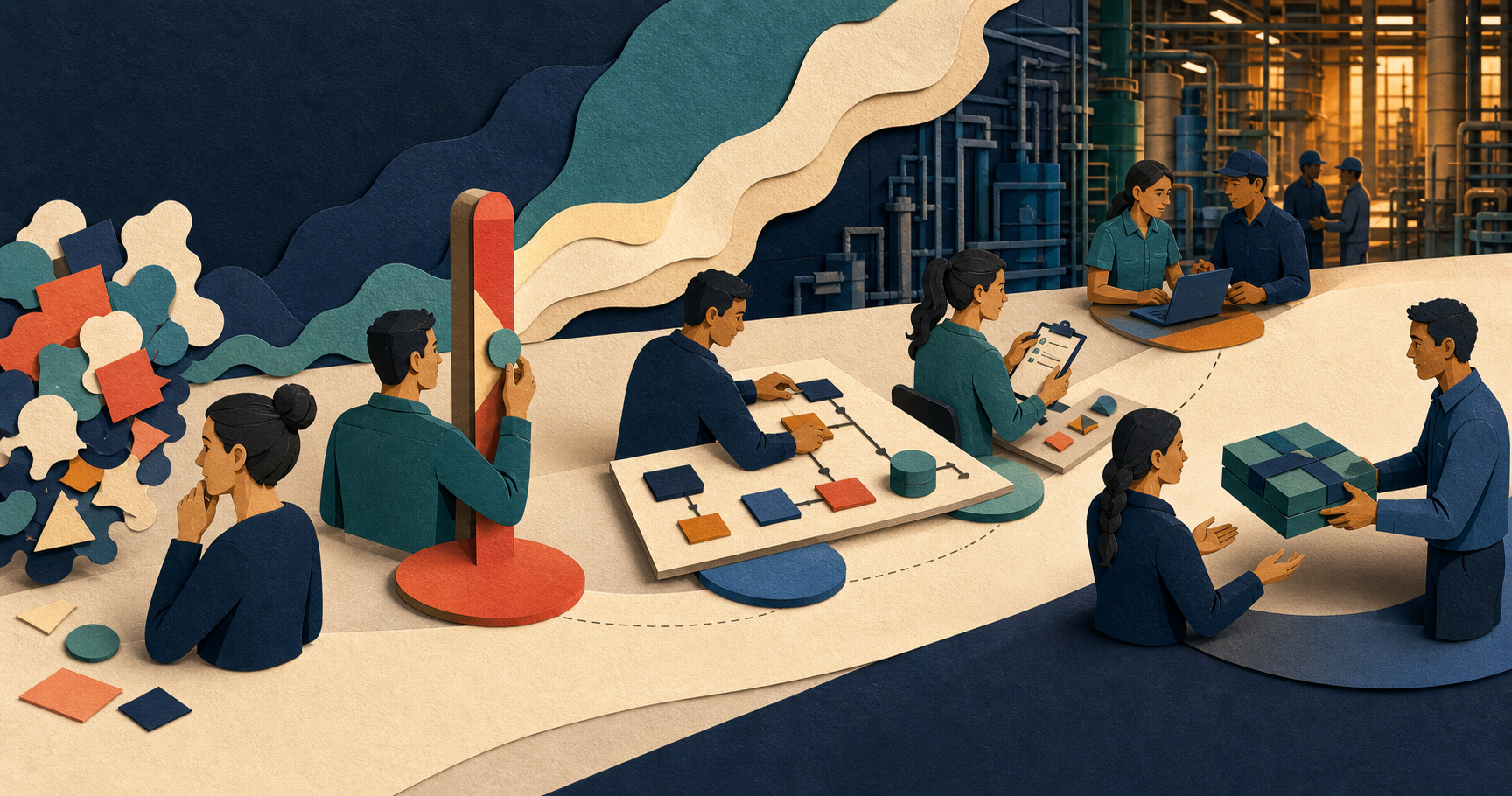 A paper-cut deployment journey moves from an ambiguous request through scope control, architecture, evaluation, real-world use, and a clear handoff.