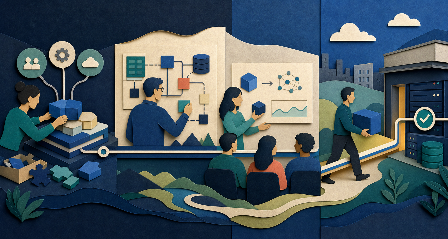 Four connected paper-cut work settings contrast shared-product building, architecture, technical validation, and an embedded path that carries a working component into production.