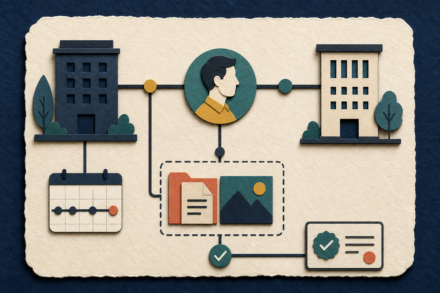 A contract professional connects a separate employer, client, project artifact, and engagement timeline to one verified application record.