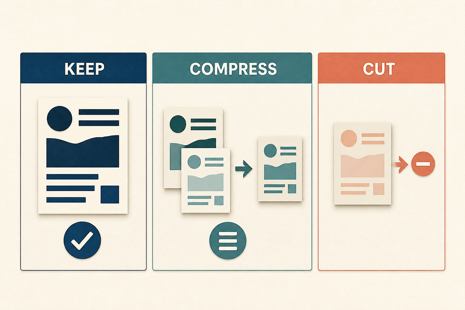 A calm editorial scorecard routes experience into keep, compress, or cut based on role fit and distinct evidence.