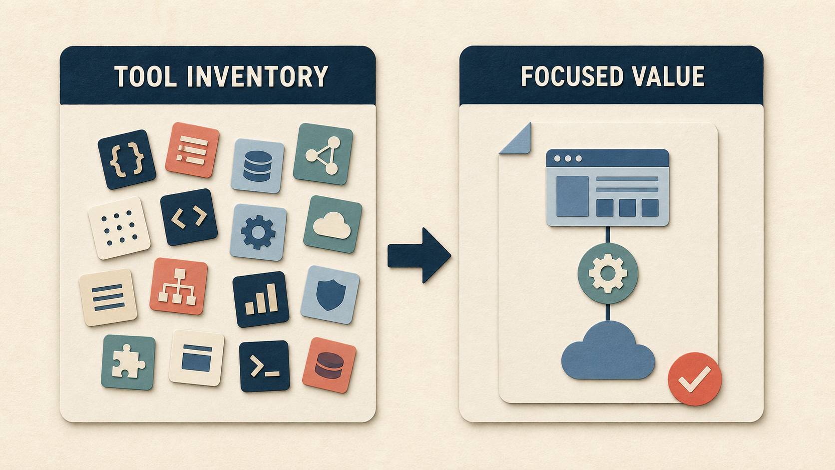 A tool-heavy summary is reorganized into a focused platform value proposition in a clean two-column comparison.