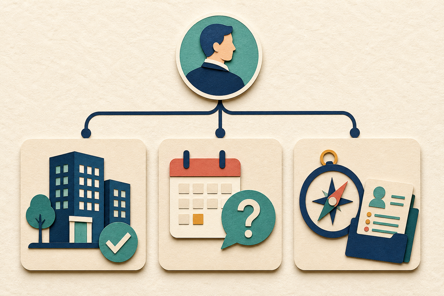 A calm editorial decision tree routes a professional toward stay, clarify, or search based on practical work-arrangement constraints.