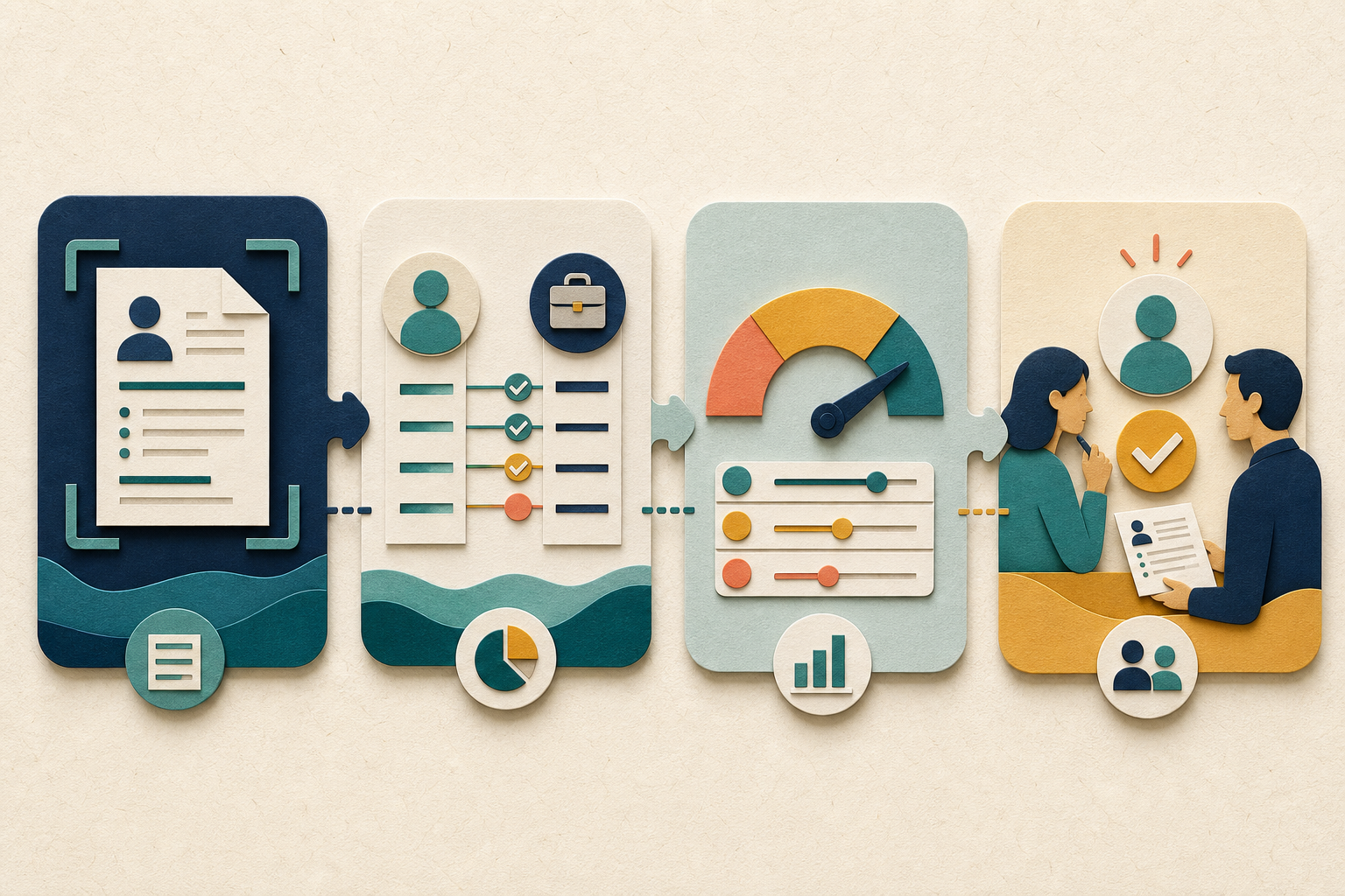 An editorial hiring pipeline separates resume parsing, candidate matching, assessment scoring, and final decision-making.