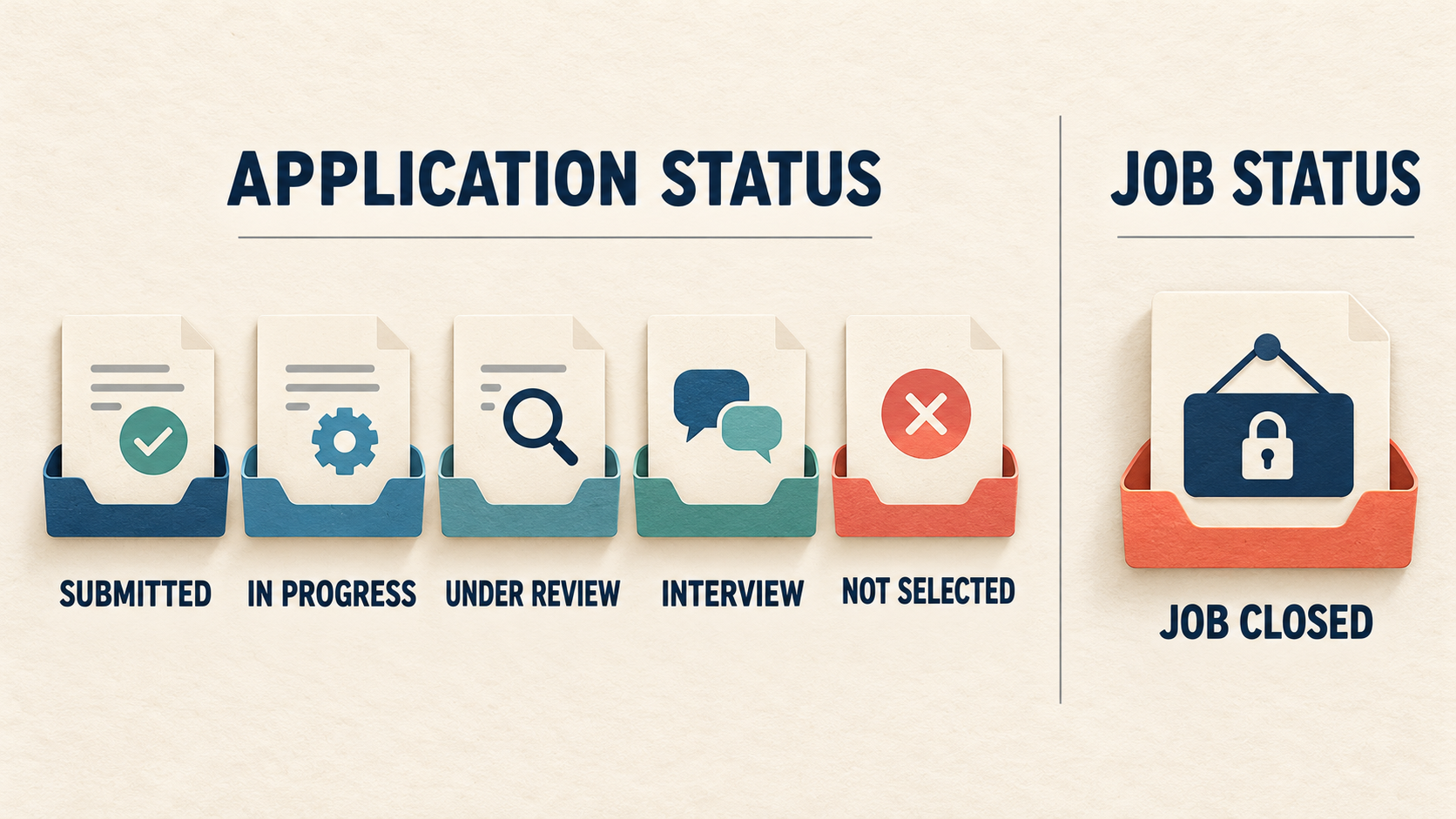 An editorial glossary separates submitted, in progress, under review, interview, not selected, and job-closed labels by what each can confirm.