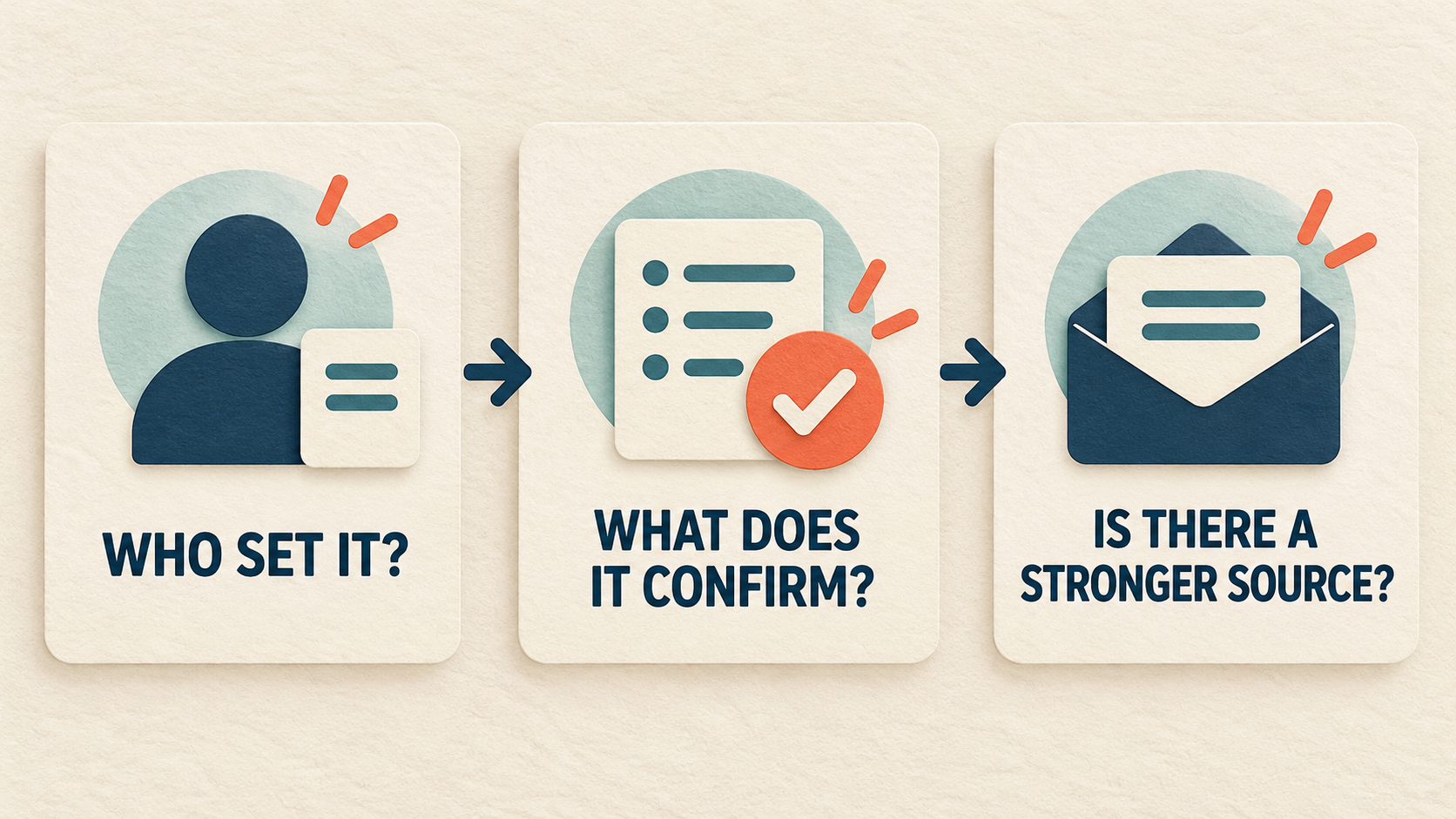 A calm interpretation card asks who set the status, what event it confirms, and which direct source is stronger.