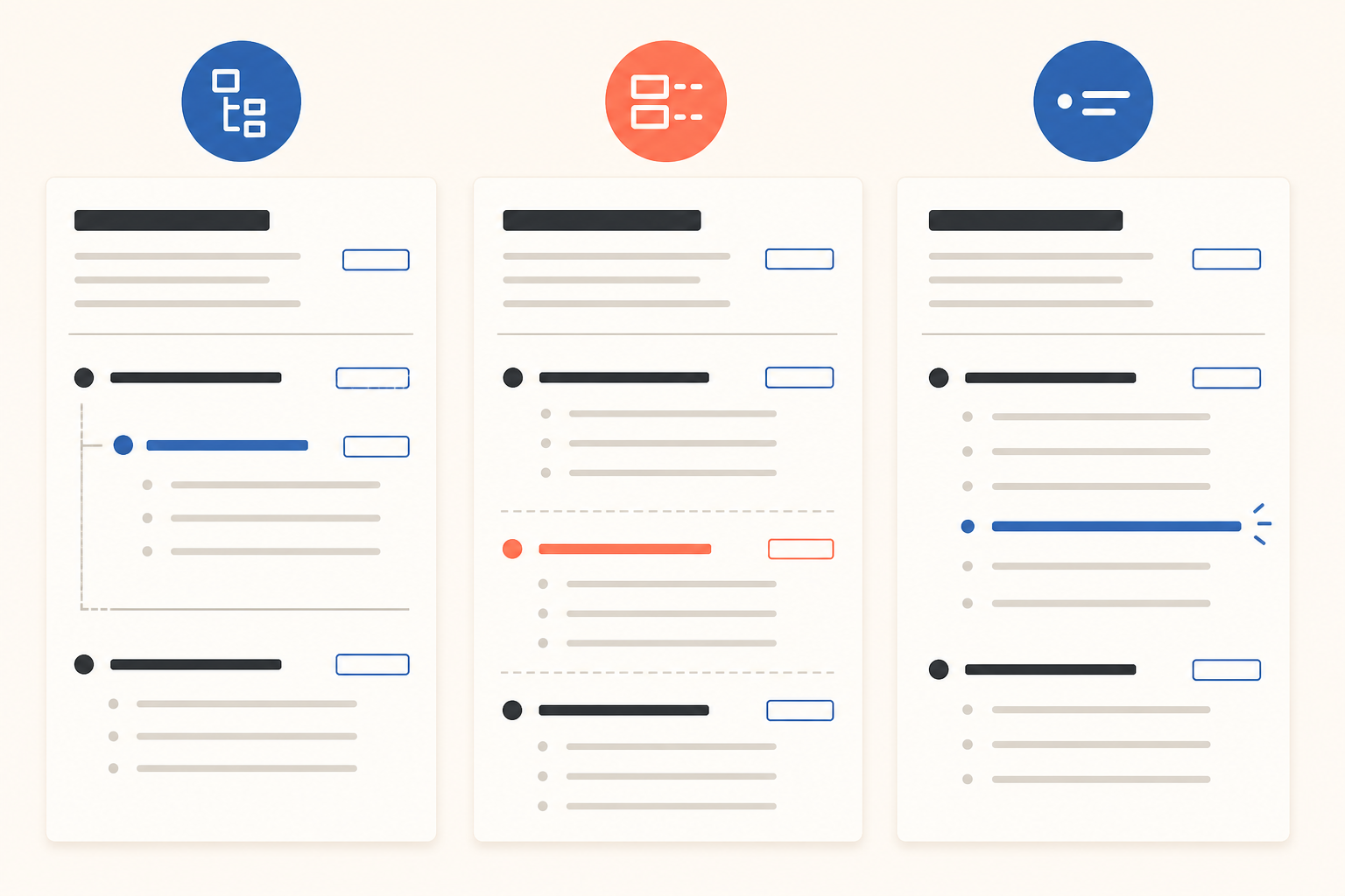 Three resume layouts compare a nested assignment, a separate dated sub-position, and a single accomplishment bullet.