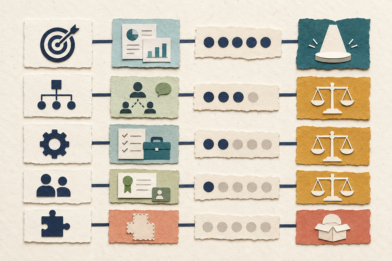Five paper-cut lanes connect job requirements to evidence artifacts, strength indicators, and distinct application actions.