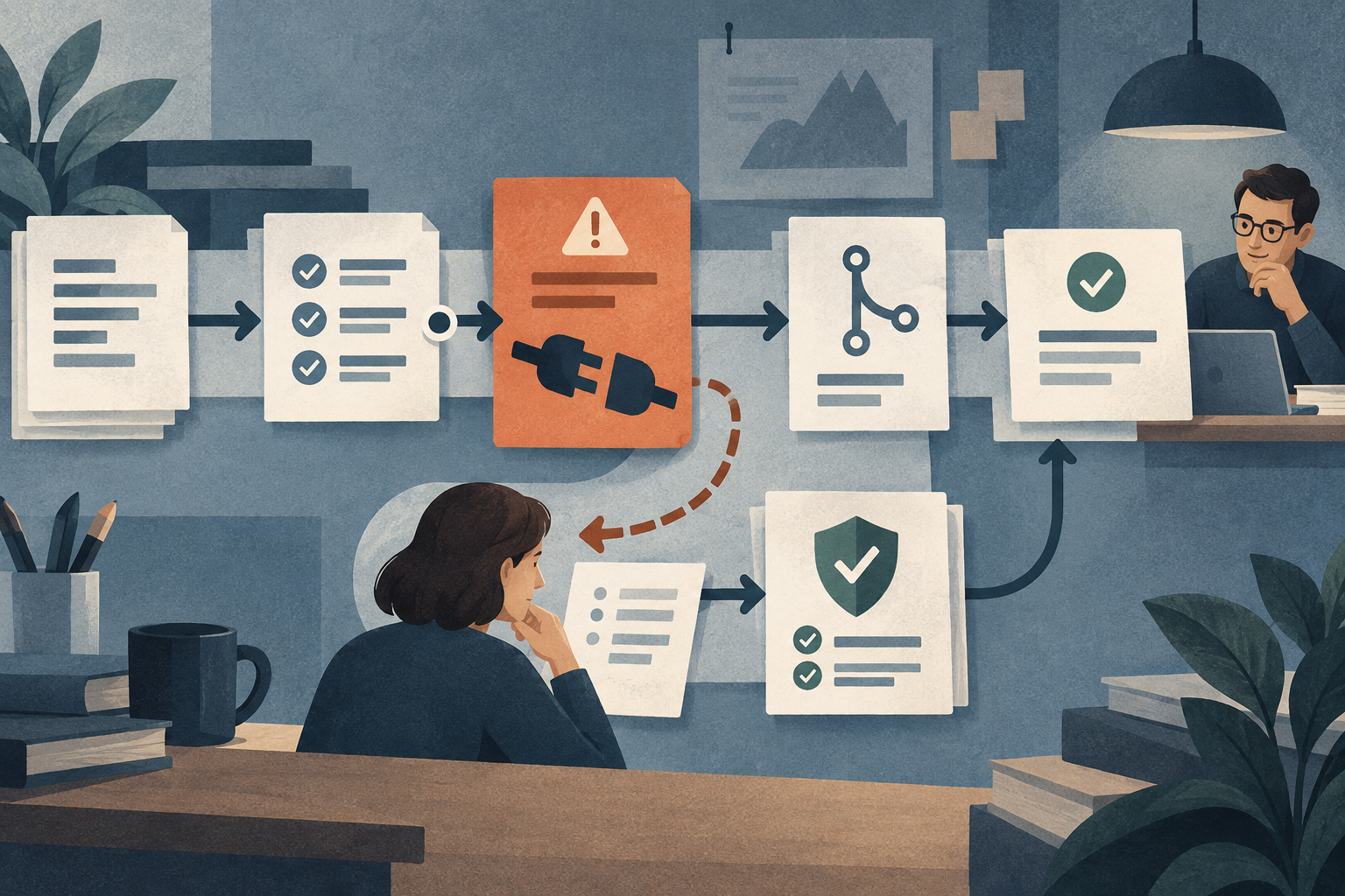 A dependency migration reaches a hidden compatibility exception, loops through a human decision and new regression check, then proceeds to independent review.