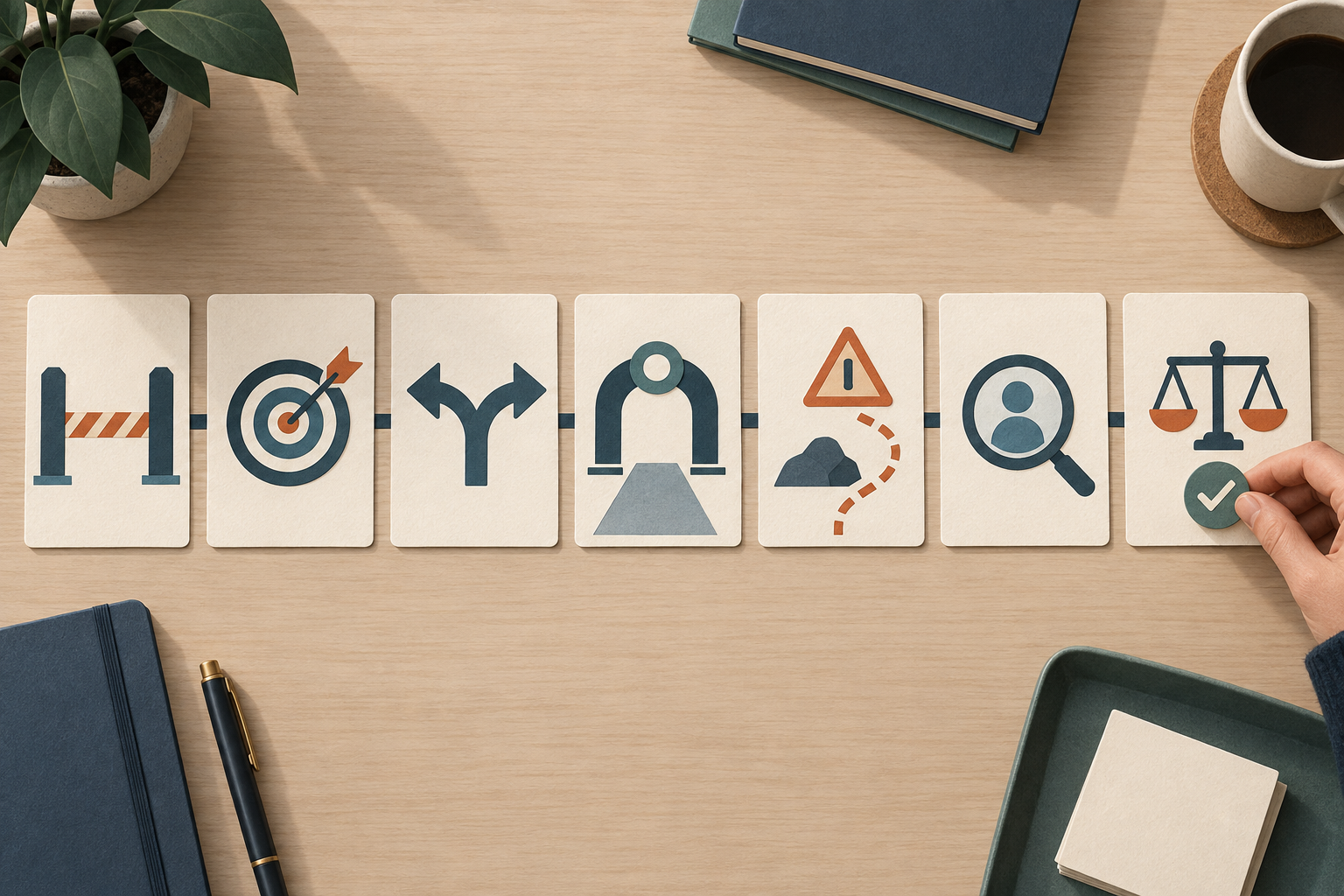 Seven connected evidence cards represent an authority boundary, expected result, decision fork, checkpoint gate, exception, independent review, and balanced scorecard.