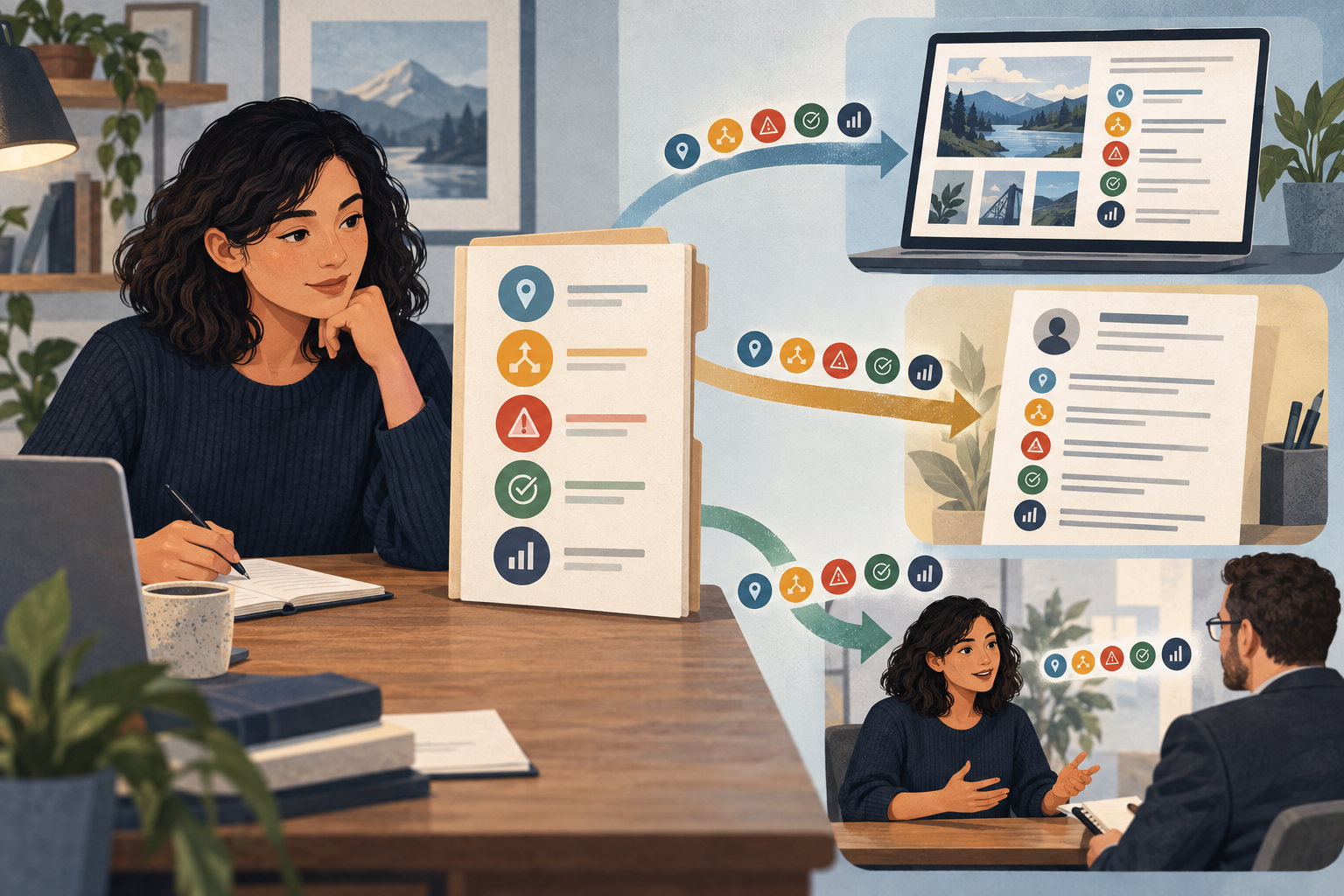 One verified ledger sends the same evidence markers into a portfolio case study, a resume, and an interview conversation.