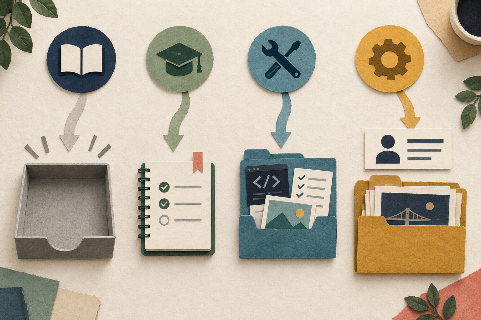 An overhead paper sorting board routes early exposure away from the resume, guided learning to a course notebook, independent work to a project folder, and production evidence to a resume card.