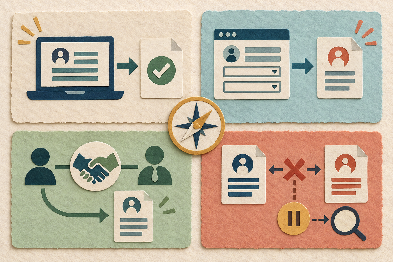 Four application scenarios compare a complete hosted application, an employer portal with extra fields, a protected referral route, and a conflict that requires verification.