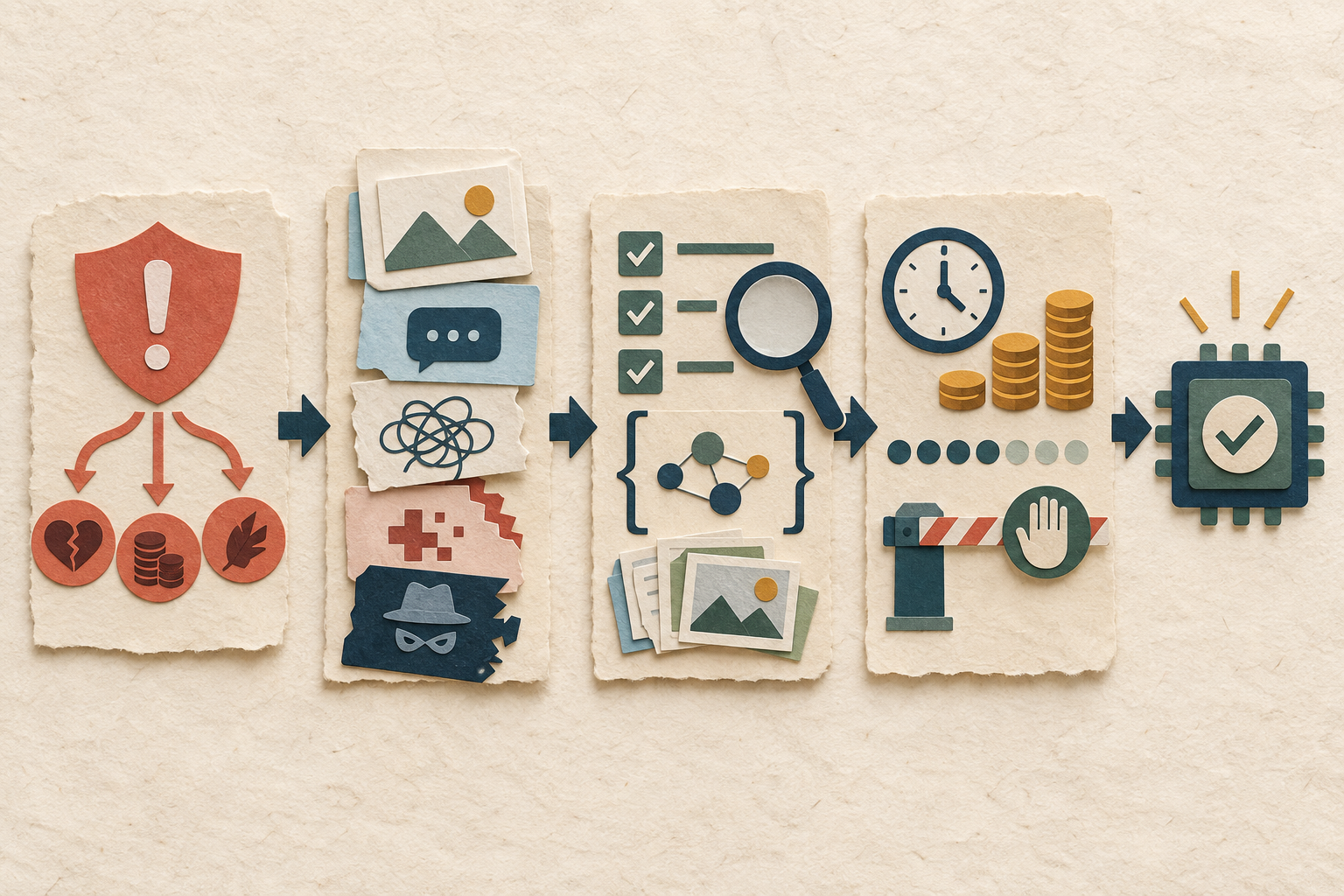Four connected paper-cut stations represent failure consequences, representative inputs, task-specific tests, and service constraints before a system earns approval.