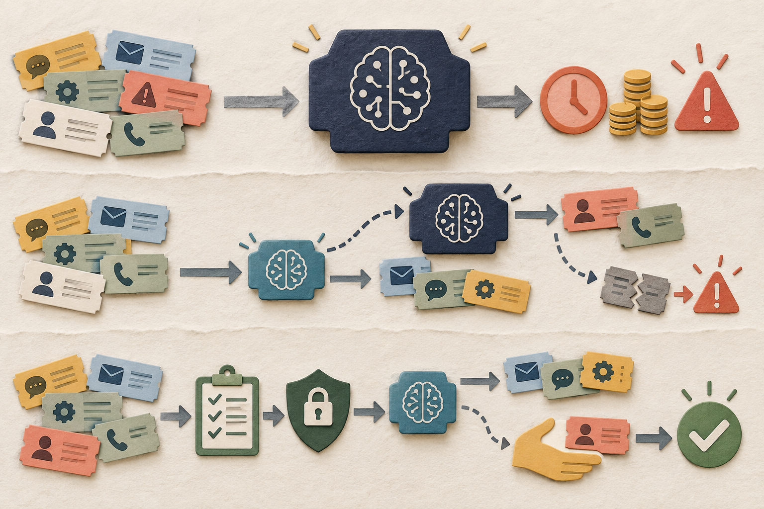 Three paper-cut workflow lanes compare a frontier model used for every ticket, a small-model routing system with escalation, and a rules-first system with security checks and human review.