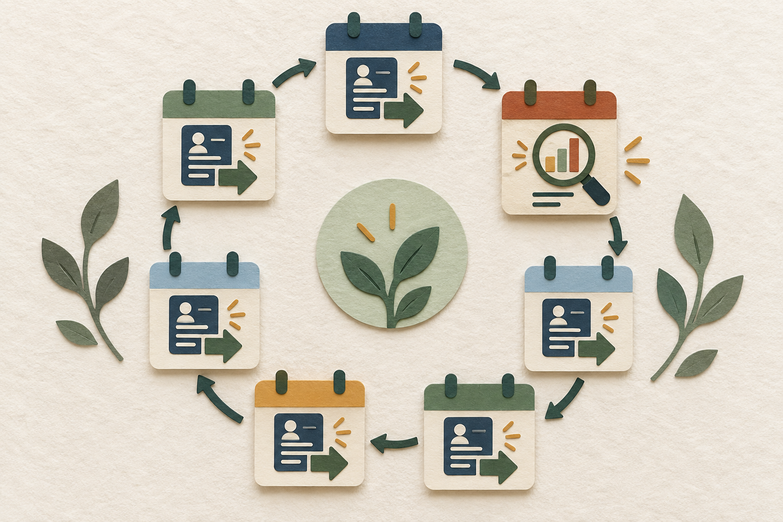 A paper-cut weekly calendar separates focused application days from one calm review session.