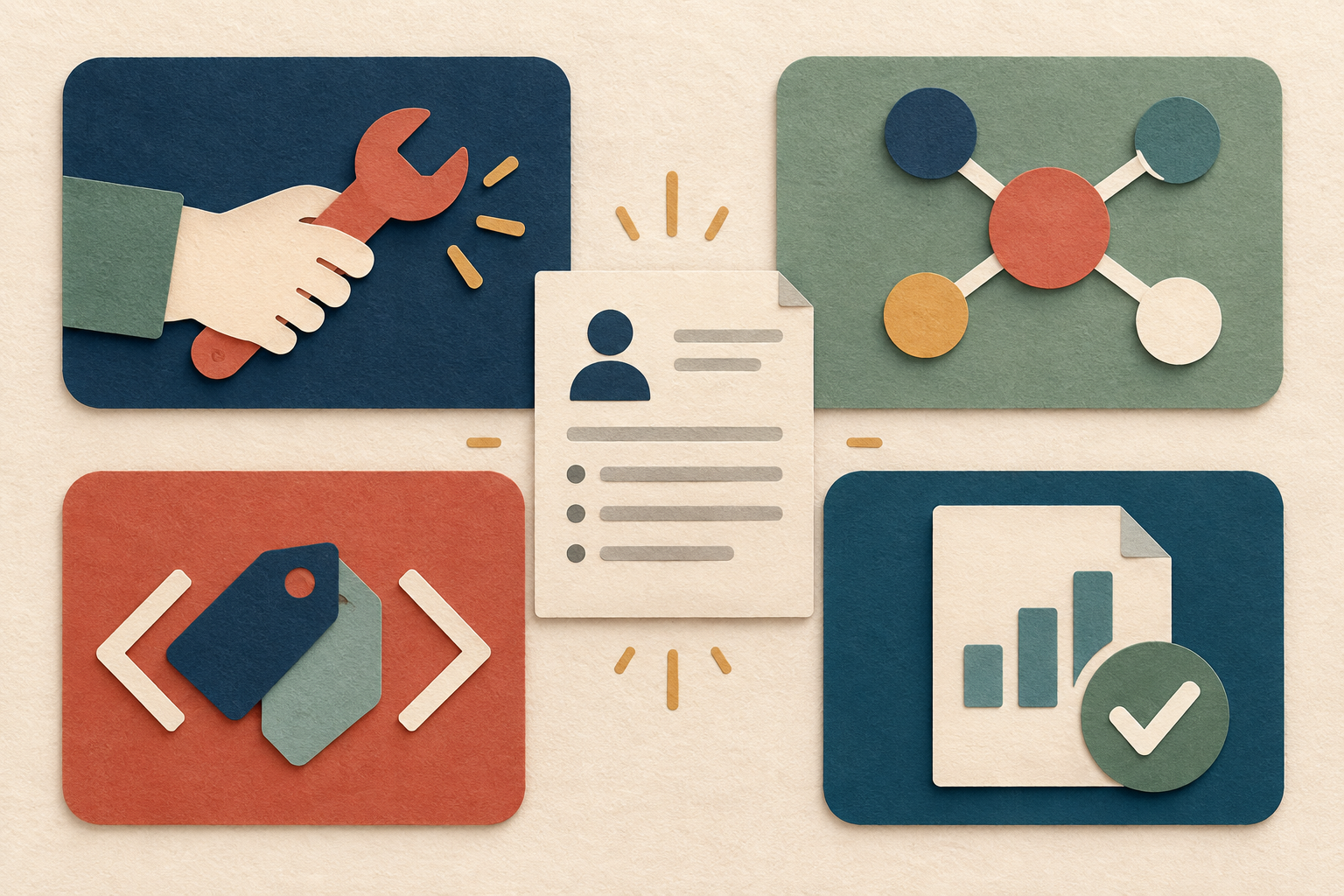 Four paper-cut evidence cards preserve ownership, context, role language, and proof as a resume is compressed.