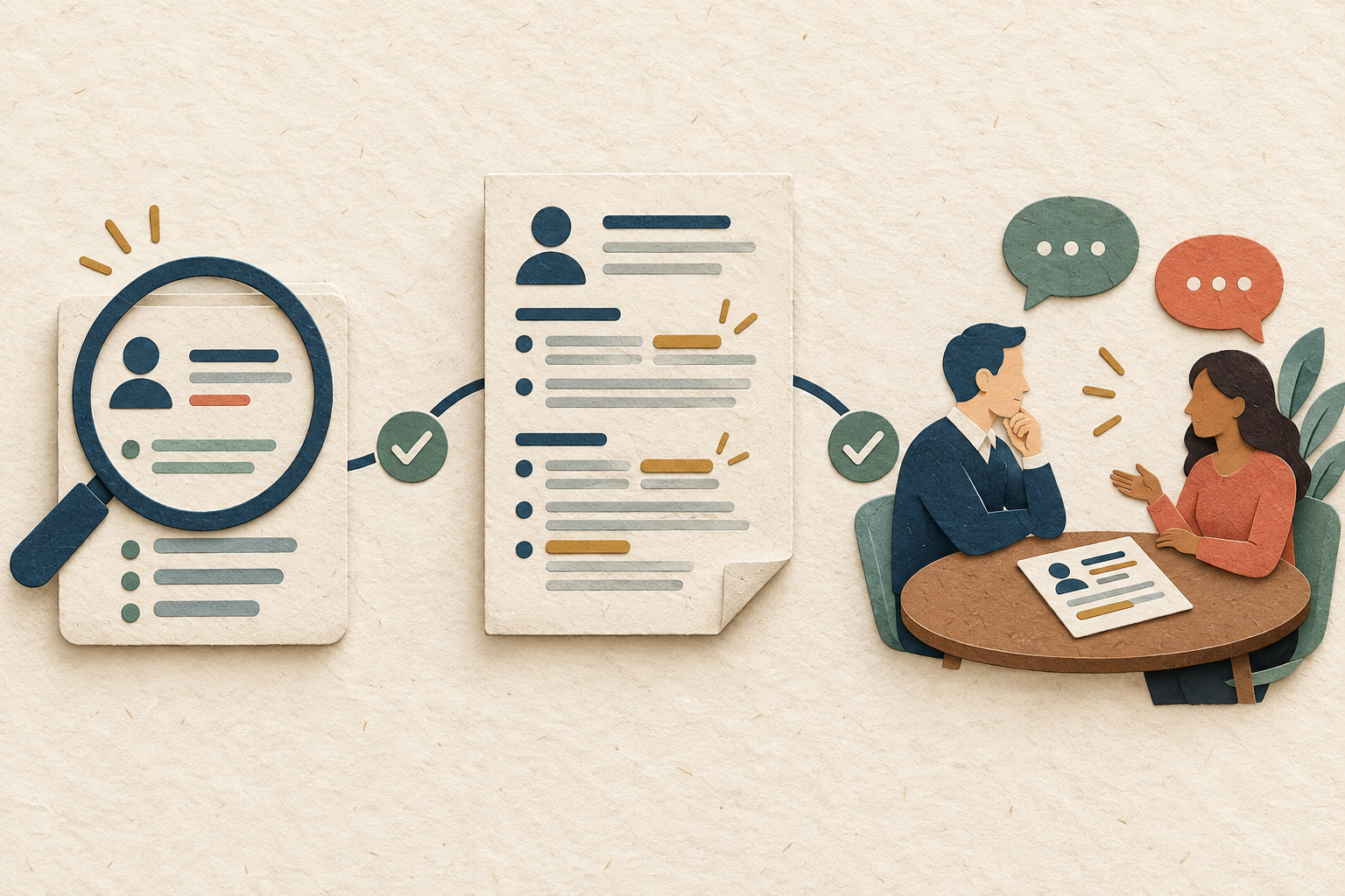 A paper-cut verification path connects a compact AI-assisted view to the source resume and then a human interview conversation.