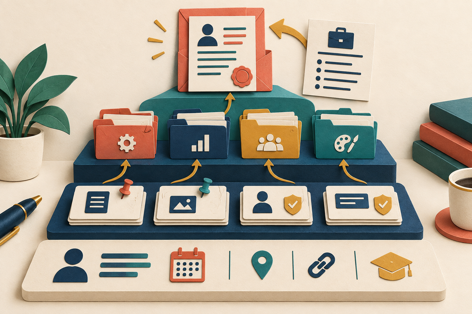 A layered paper archive connects stable facts and verified evidence to role-family folders and one preserved submission packet.
