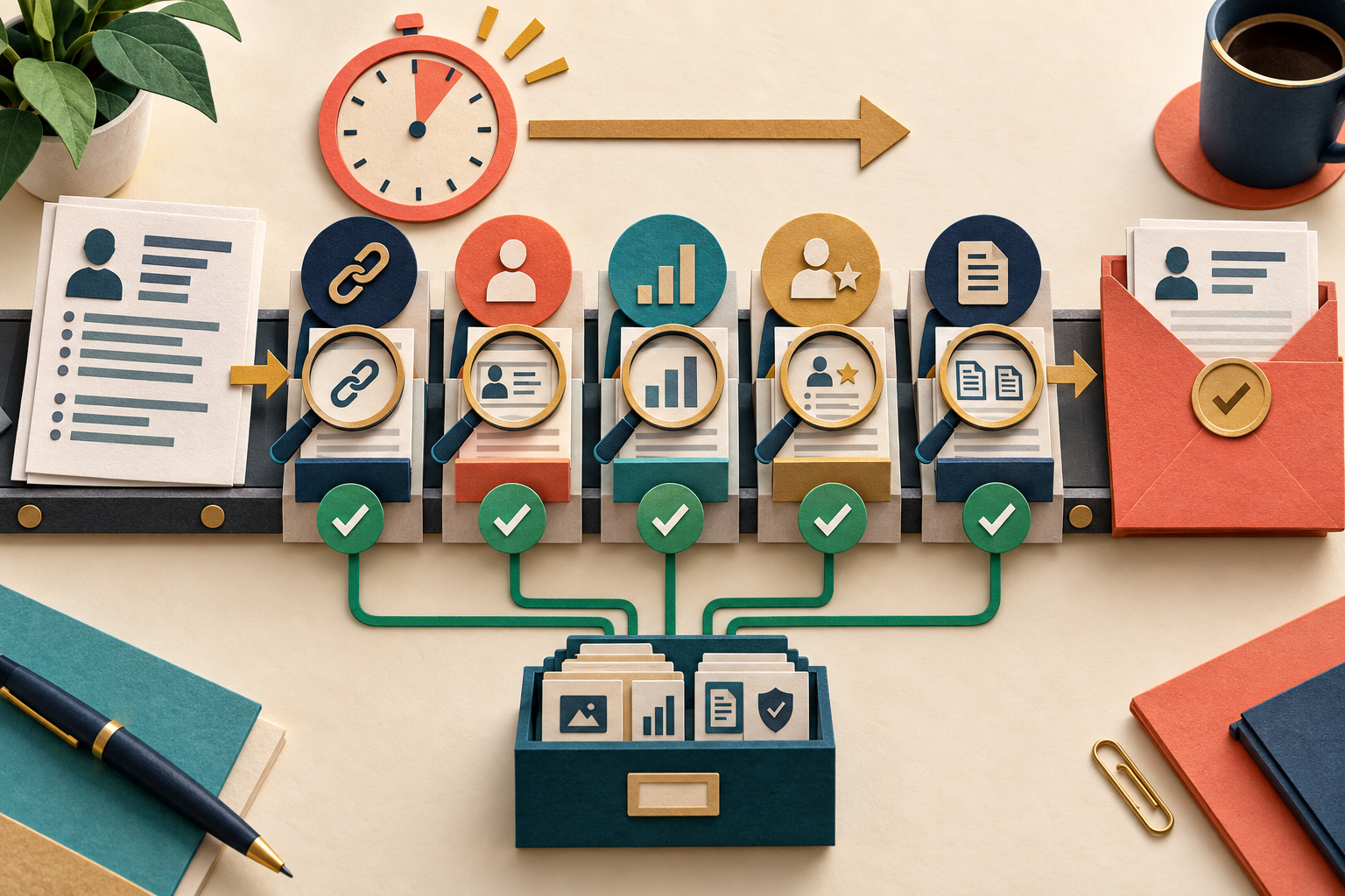 A paper resume passes through five provenance checkpoints before entering a sealed application folder, with each check linked to the evidence archive.