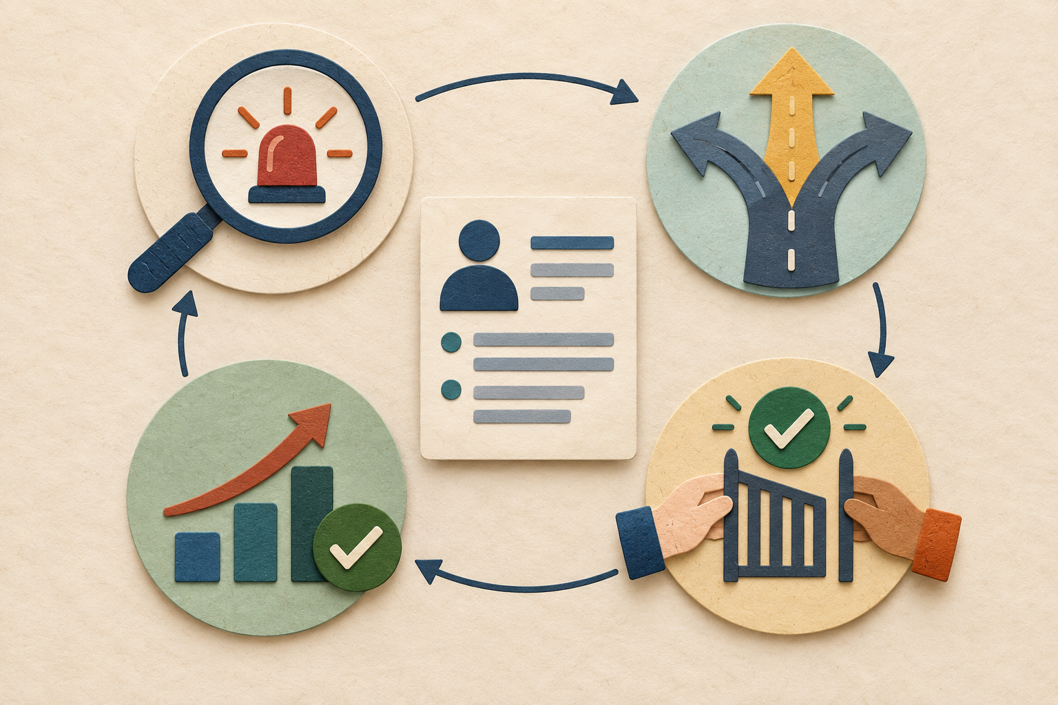 Four paper-cut evidence cards connect a problem signal to a choice, a boundary, and a measurable consequence.