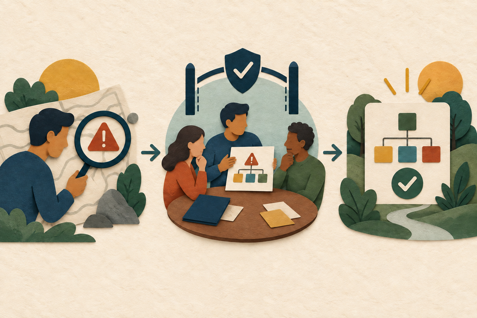 A paper-cut interview path separates the candidate's observation and action from team approval and the shared result.