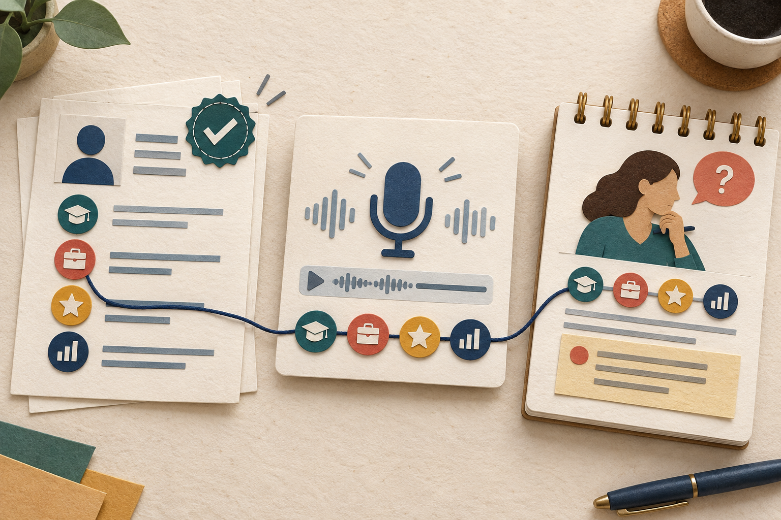 A paper resume, recorded answer, and human follow-up form one traceable evidence path.