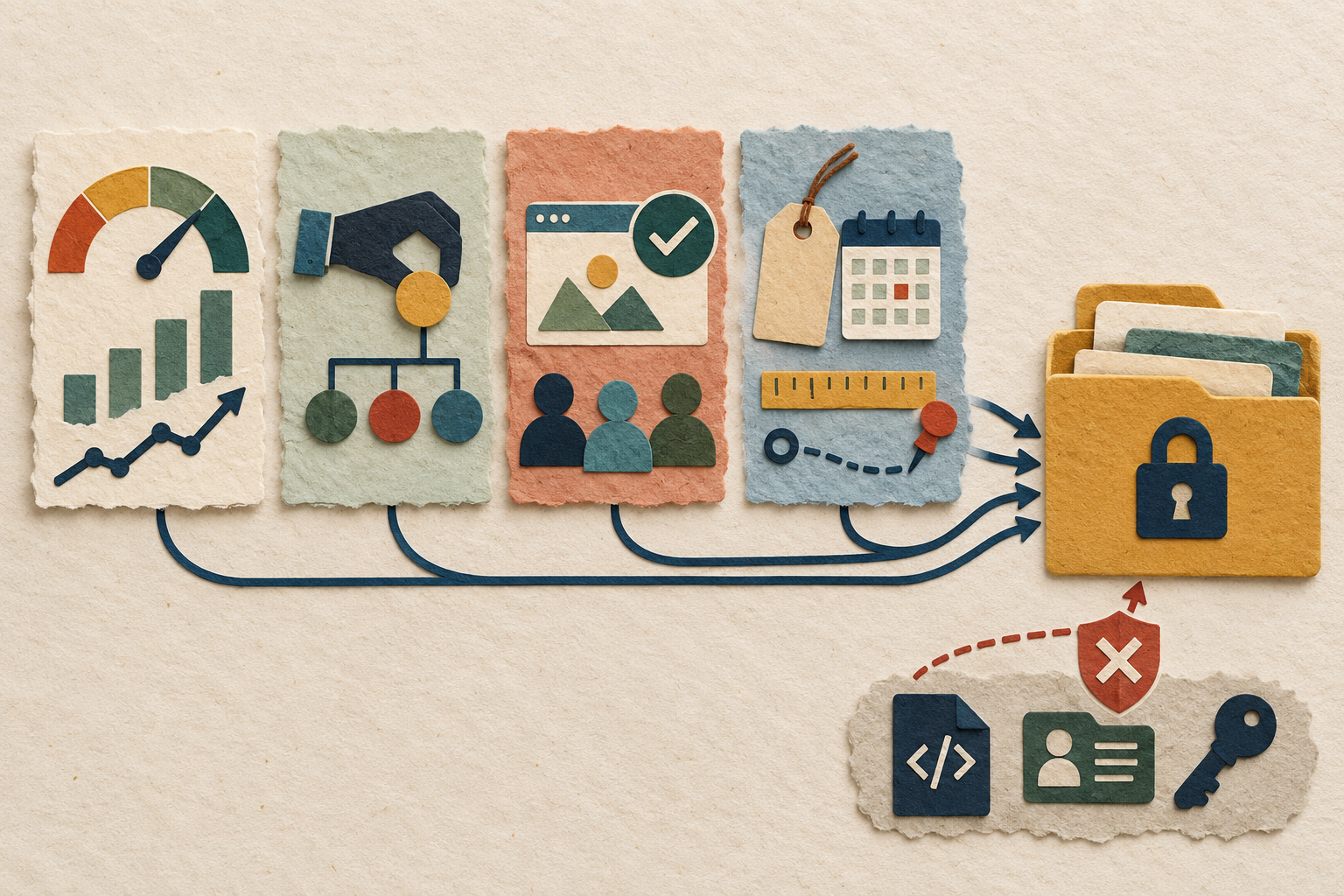 Four paper evidence cards for outcomes, ownership, verification, and provenance flow into a locked archive while confidential company materials remain outside.