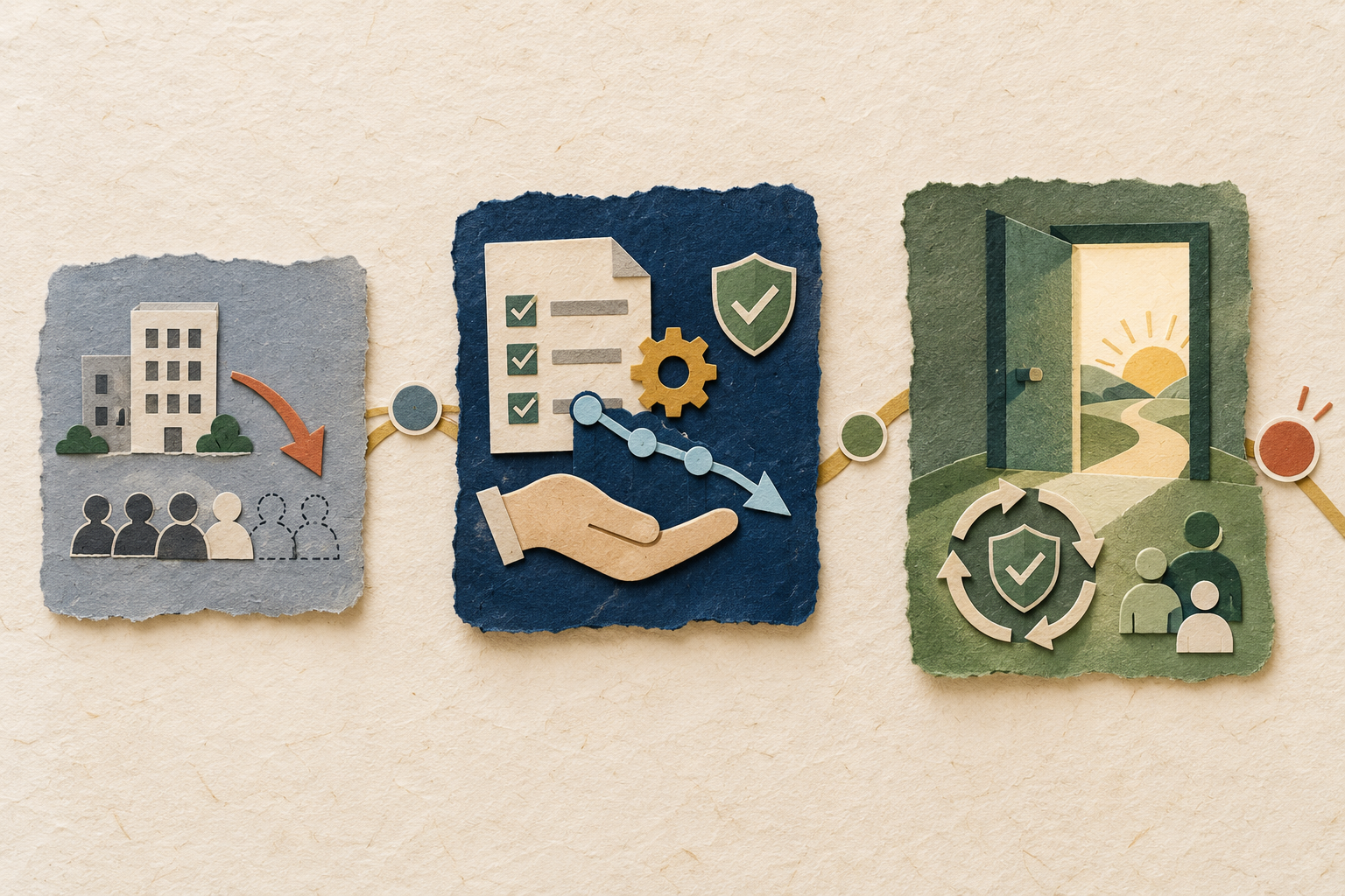 A three-step paper path moves from a neutral workforce event to verified owned work and then toward a relevant next role.