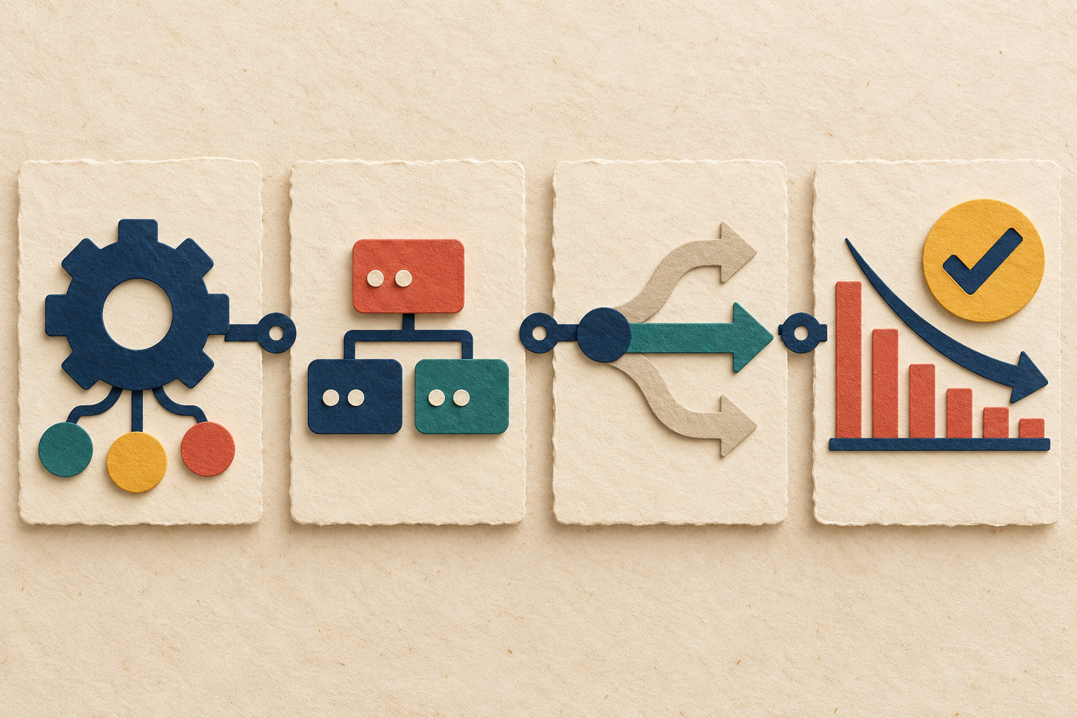 Four connected paper cards move from a technical capability through operating context and an owned decision to a verified outcome.
