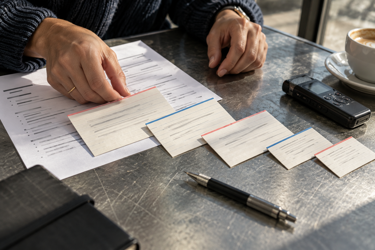 A candidate arranges five interview preparation cards beside a resume and audio recorder.
