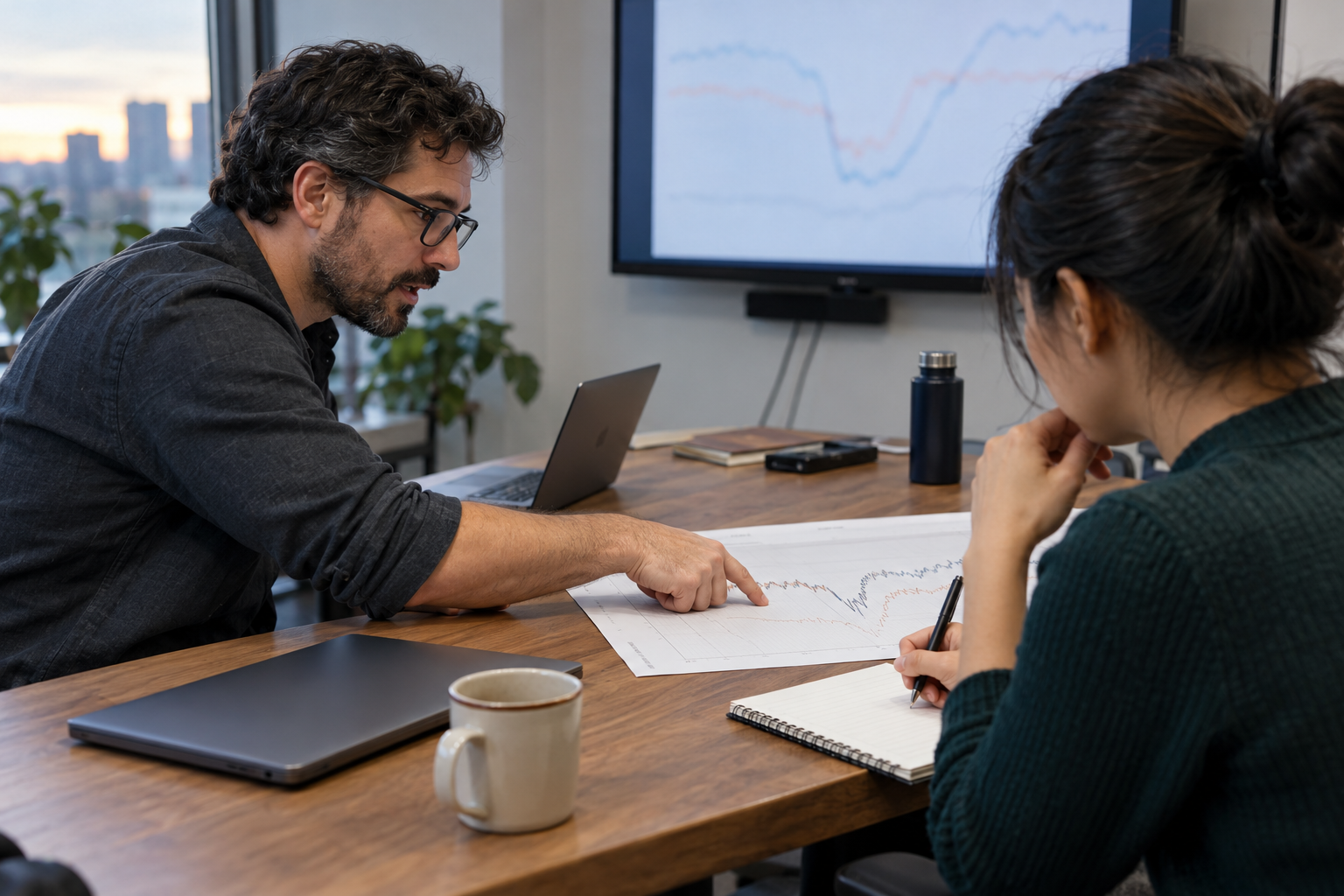 Two engineers examine a performance trace together while discussing the decision behind the measured result.