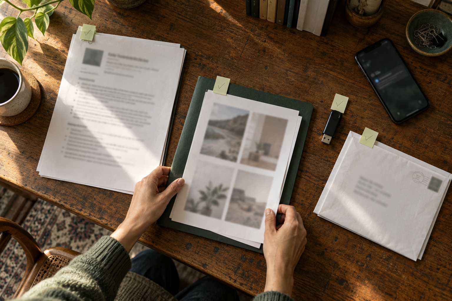 A job seeker sorts a job description, work samples, resume version, and follow-up notification on a sunlit desk.