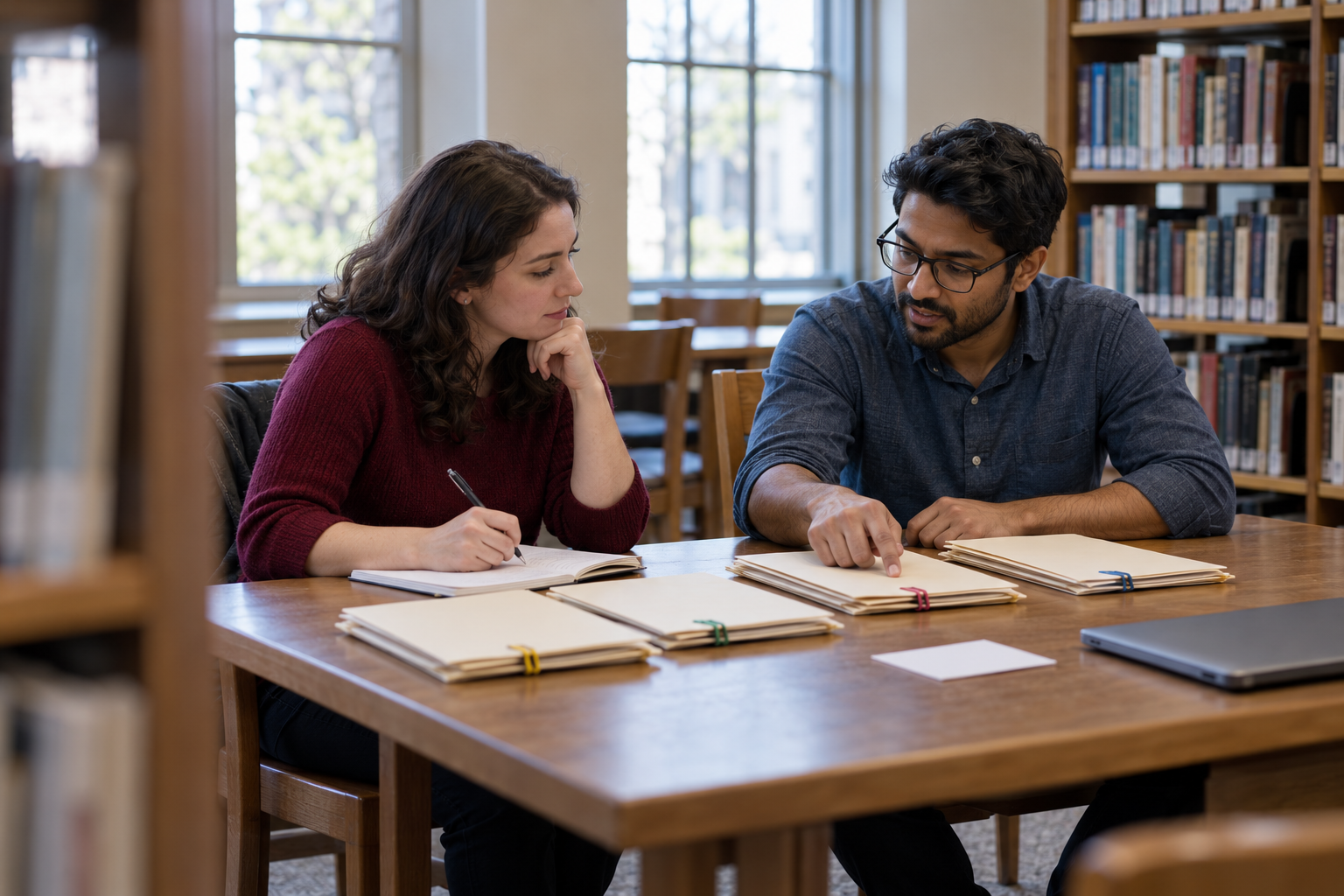 Two professionals review grouped application folders and select one item to change for the next search cycle.