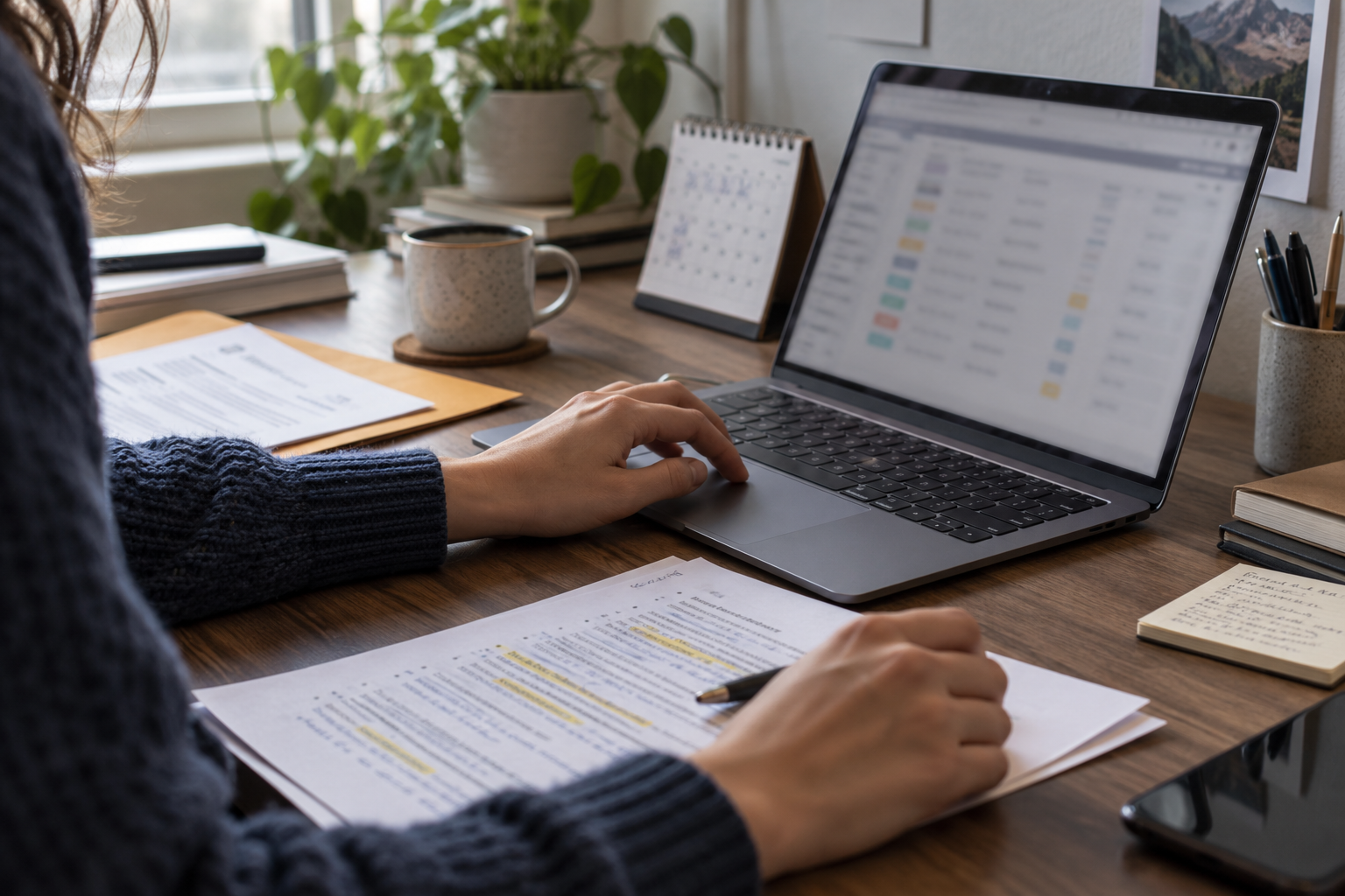 A job seeker updates an application tracker beside a marked job description and saved resume folder.
