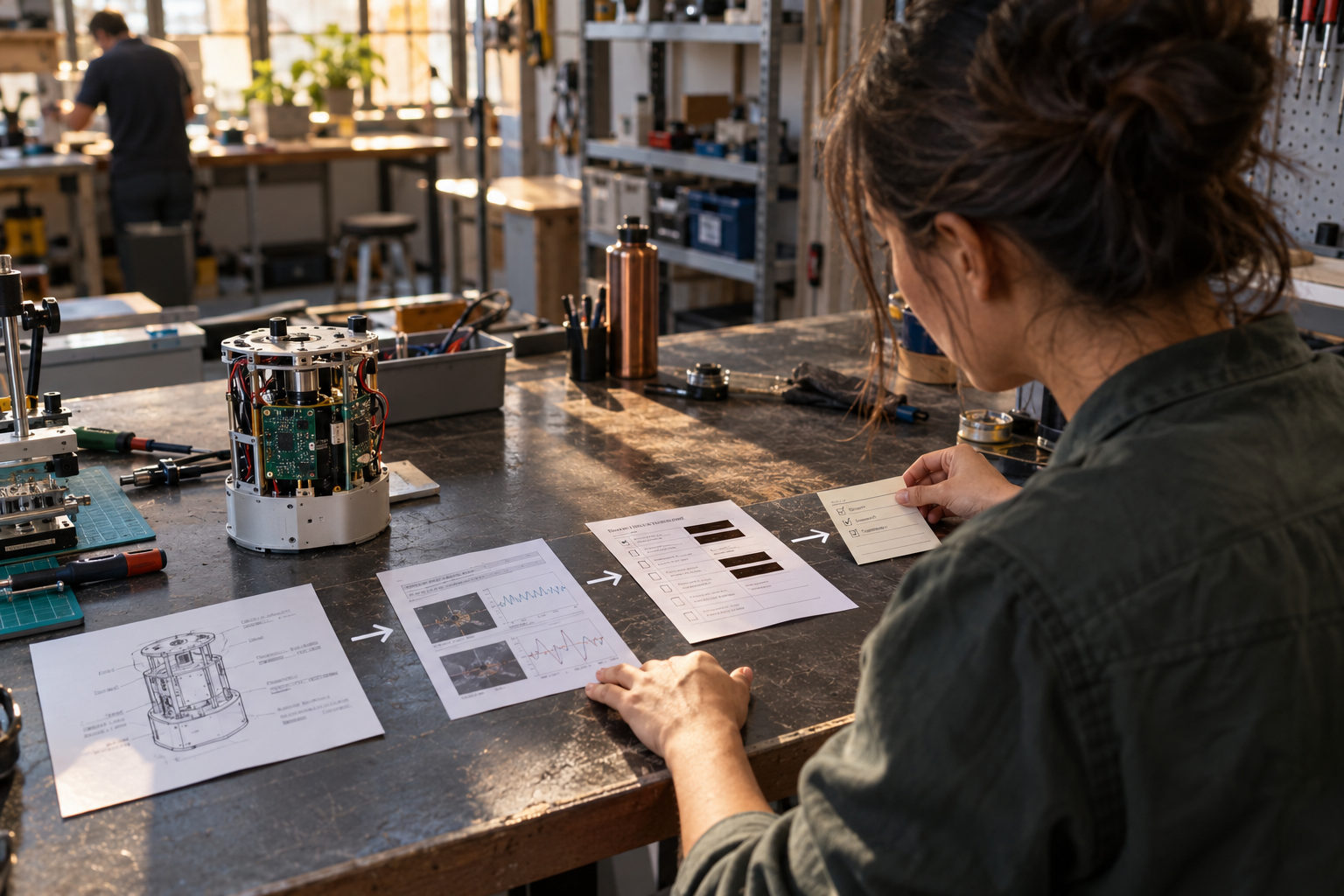 A technical candidate maps a hardware prototype and test artifacts to a role requirement at an engineering workbench.