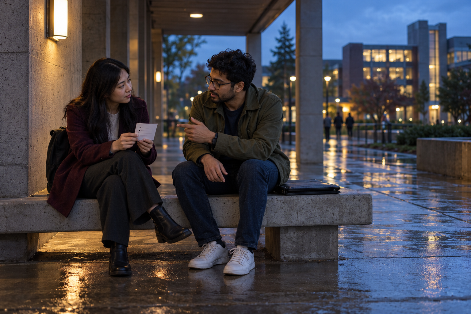 A candidate prepares four workflow questions before an interview in a quiet evening setting.