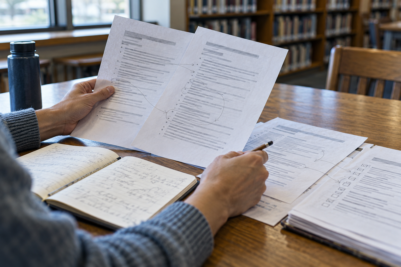 A candidate compares two marked job postings with supporting work artifacts on a practical desk.