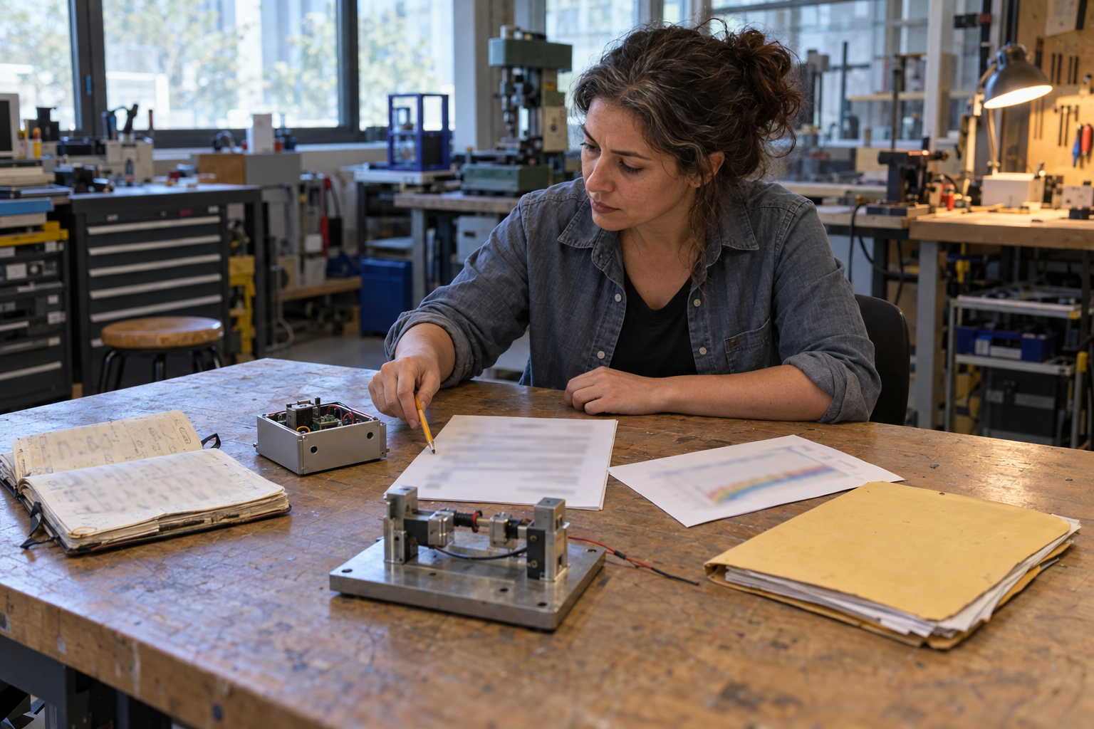 An engineer compares a resume draft with five kinds of project evidence at a fabrication lab table.