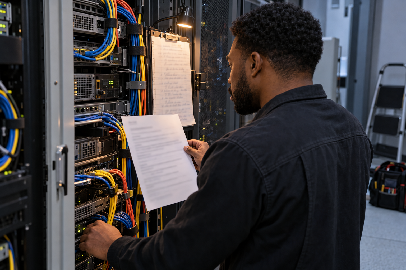 A site reliability engineer checks a resume draft against a maintenance log and the physical system behind the claim.