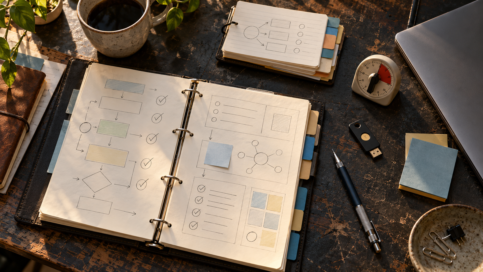 A well-used binder, evaluation cards, security key, and timer make a shared AI workflow concrete and repeatable.