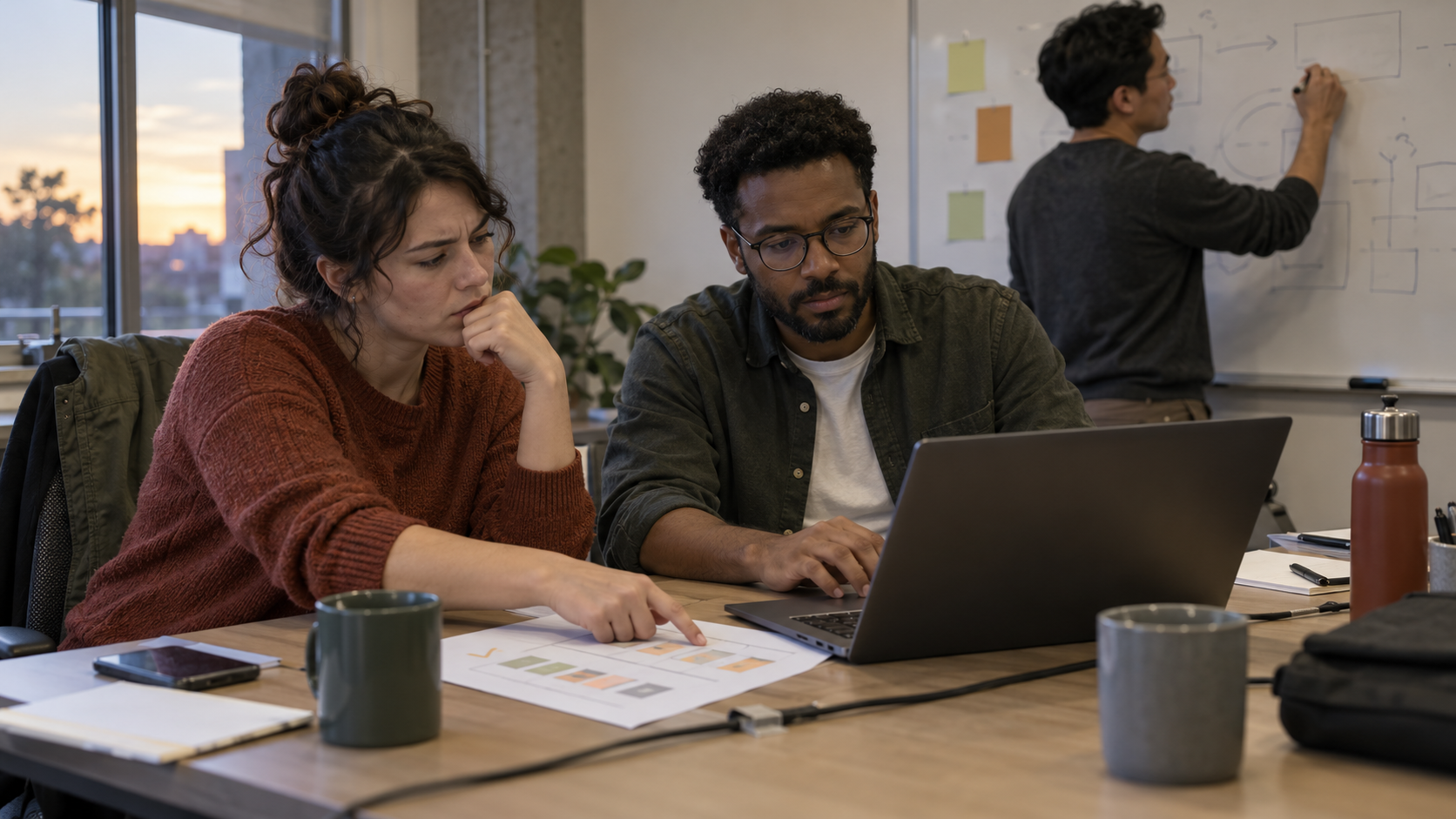 Three engineers test a workflow together, compare the output with an evaluation sheet, and record a correction during a small pilot.