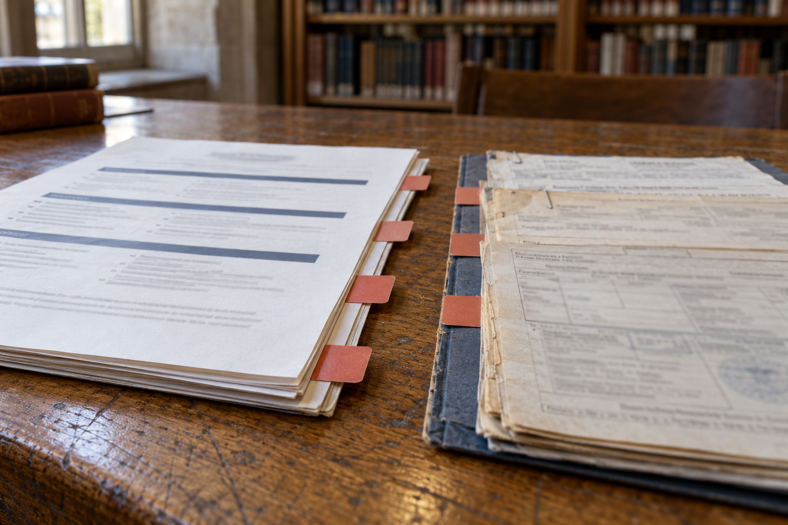 Two document sets use matching physical tabs to keep reader-friendly resume wording traceable to official employment records.