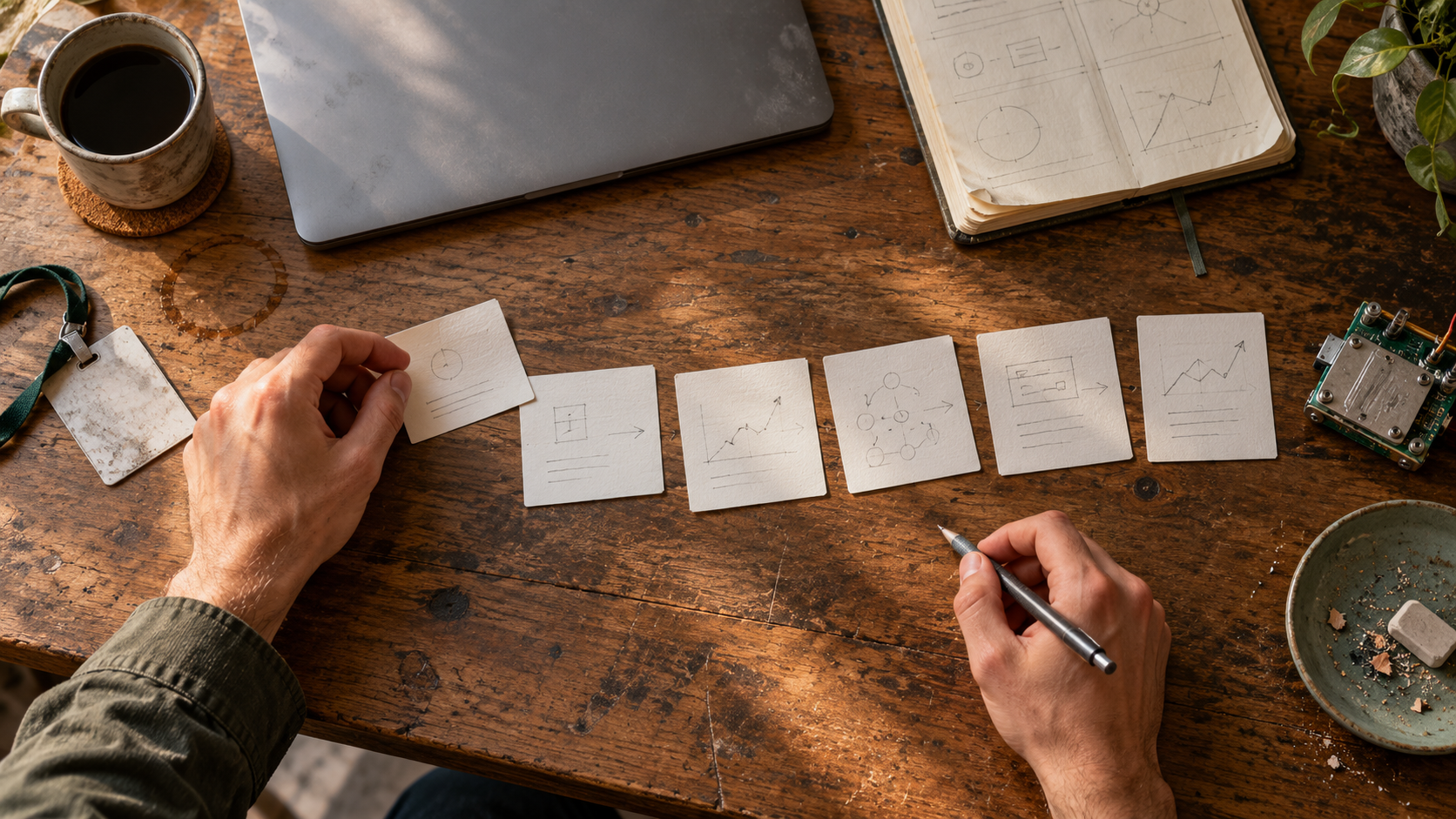 A technical professional sorts project evidence into a decision inventory on a worn worktable.