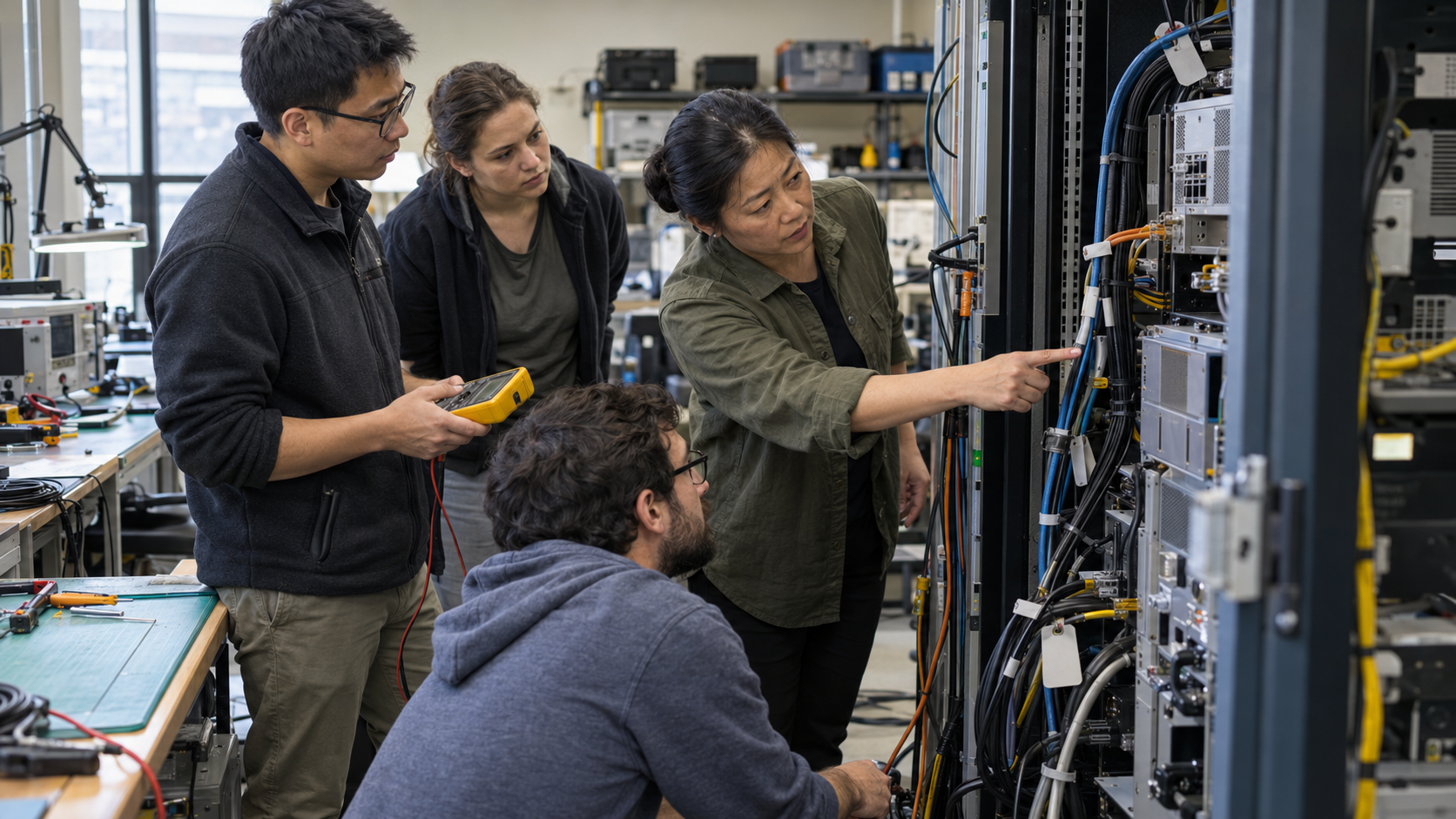 An experienced engineer shows colleagues a consequential cable-routing decision in a working electronics lab.