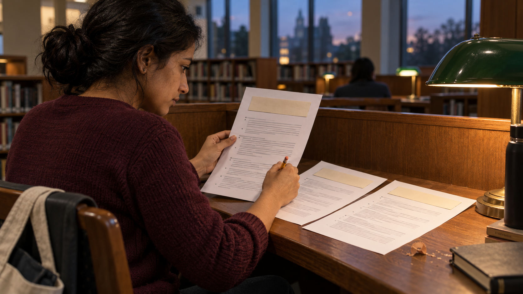 A software engineer reviews resume evidence in a library after covering titles and dates.