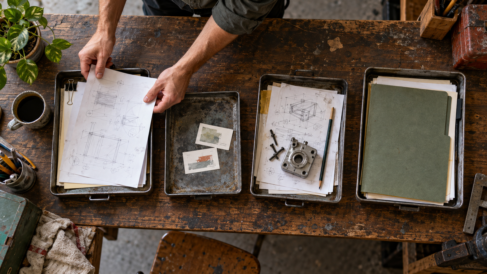 Four worn document trays separate active applications, professional relationships, evidence repair, and prepared applications on a workshop table.