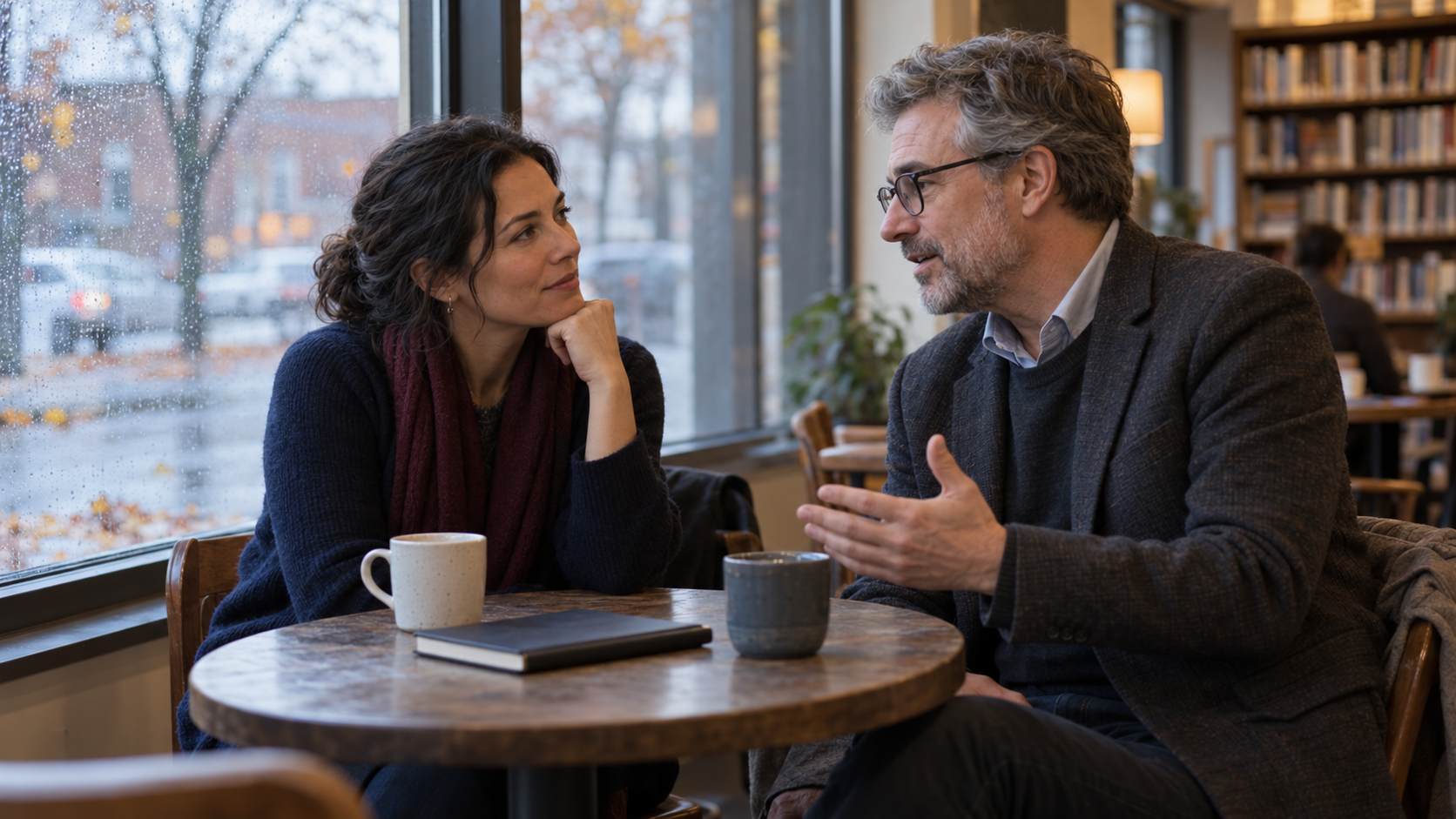 Two experienced professionals exchange context in a quiet library cafe without turning the conversation into an immediate referral request.