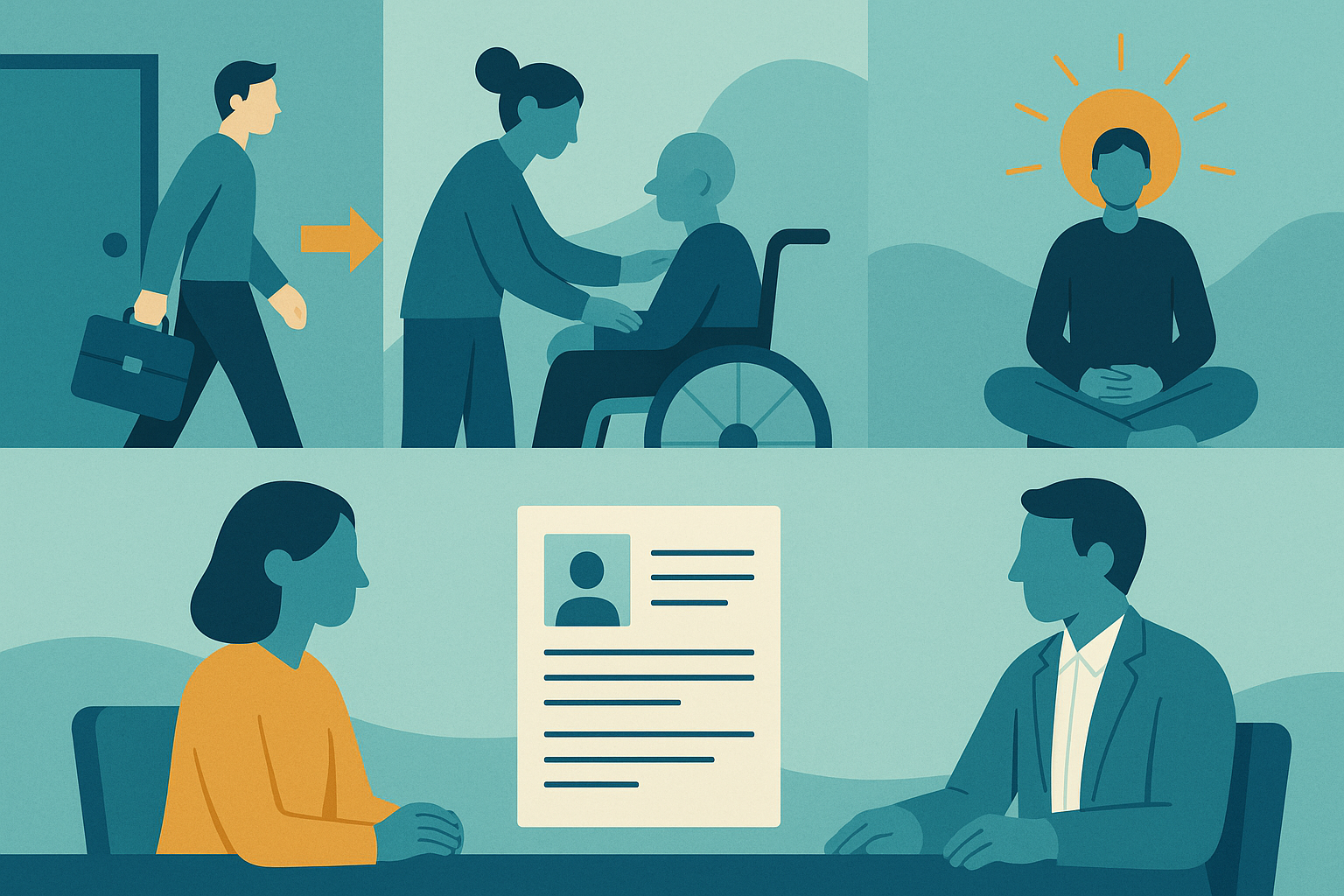 Editorial illustration showing several common gap scenarios flowing into one clear, calm resume-and-interview narrative