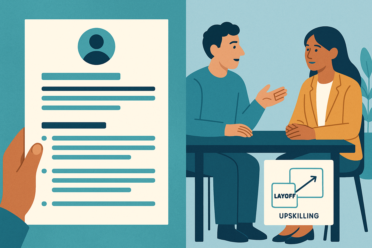 Editorial illustration showing a clean resume on one side and a calm interview conversation on the other, with brief context kept separate from the document itself