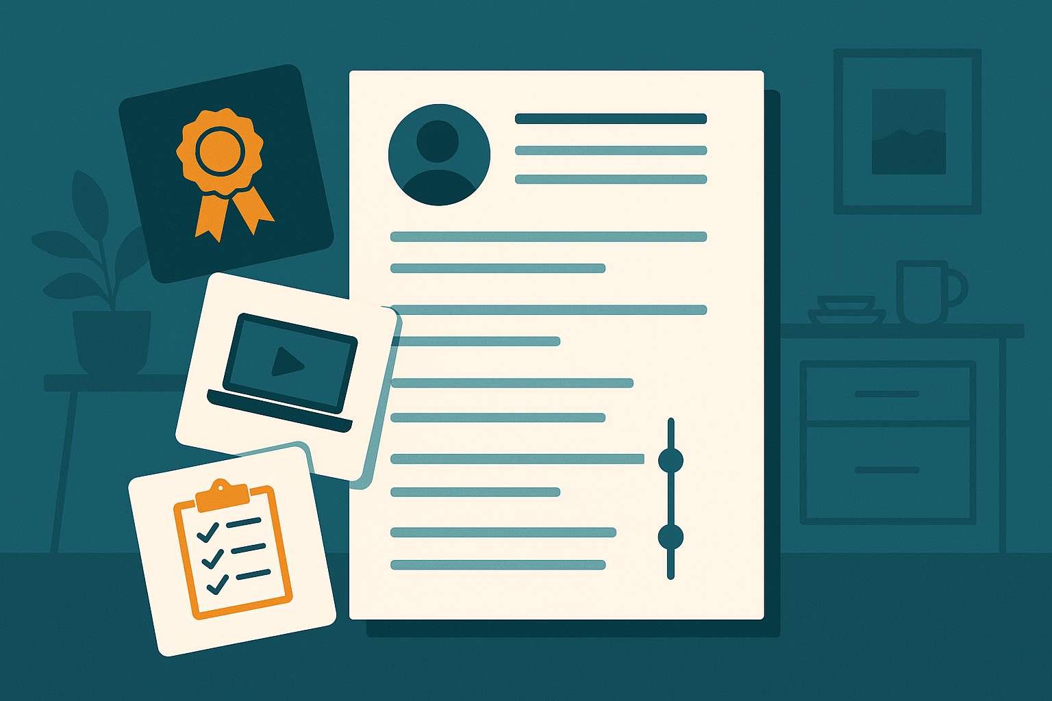 Editorial illustration showing a clean resume supported by concrete evidence cards for a certification, project work, and volunteer coordination completed during a gap